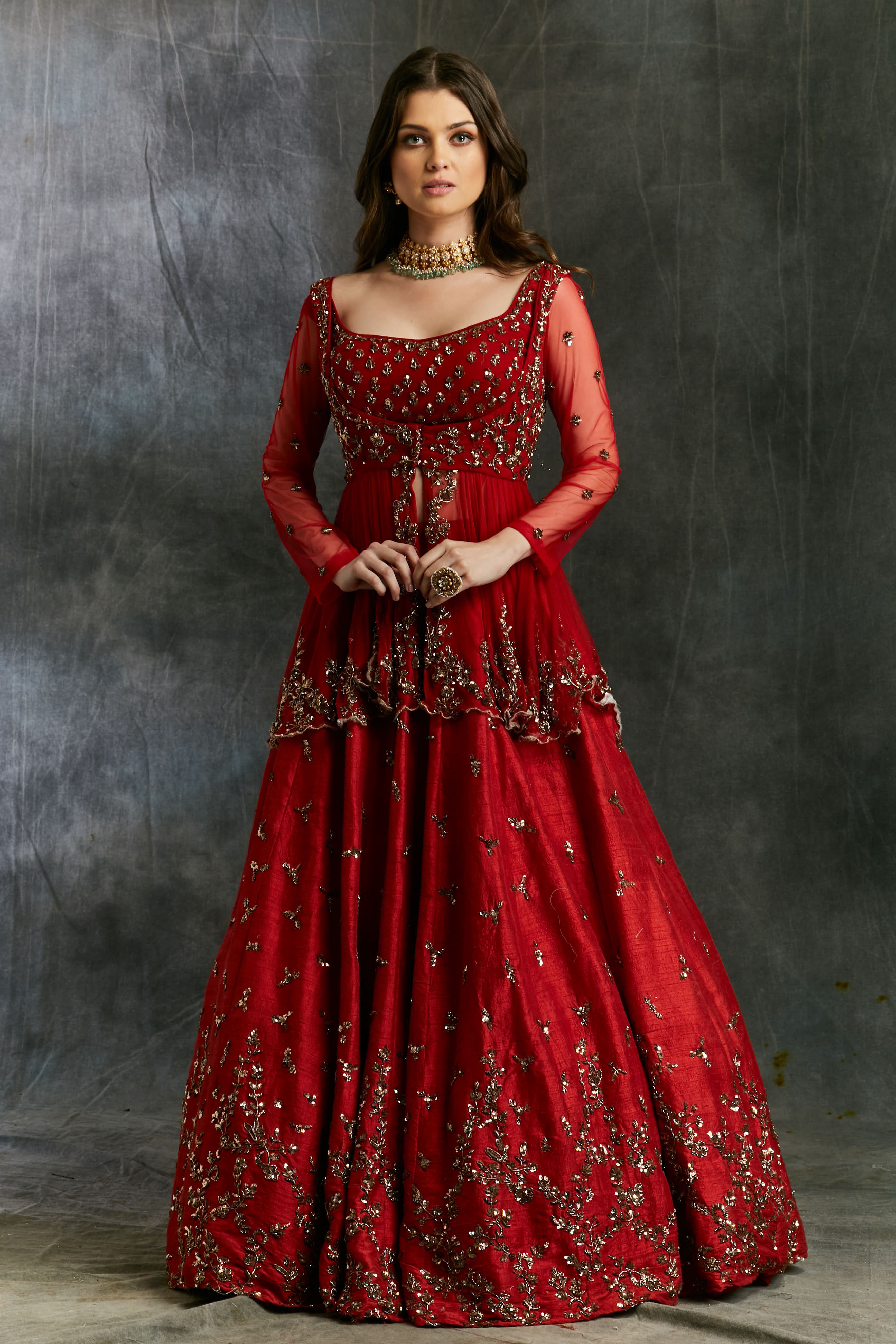 Antique Gold Sequins Raw Silk Lehenga With Peplum Work Blouse