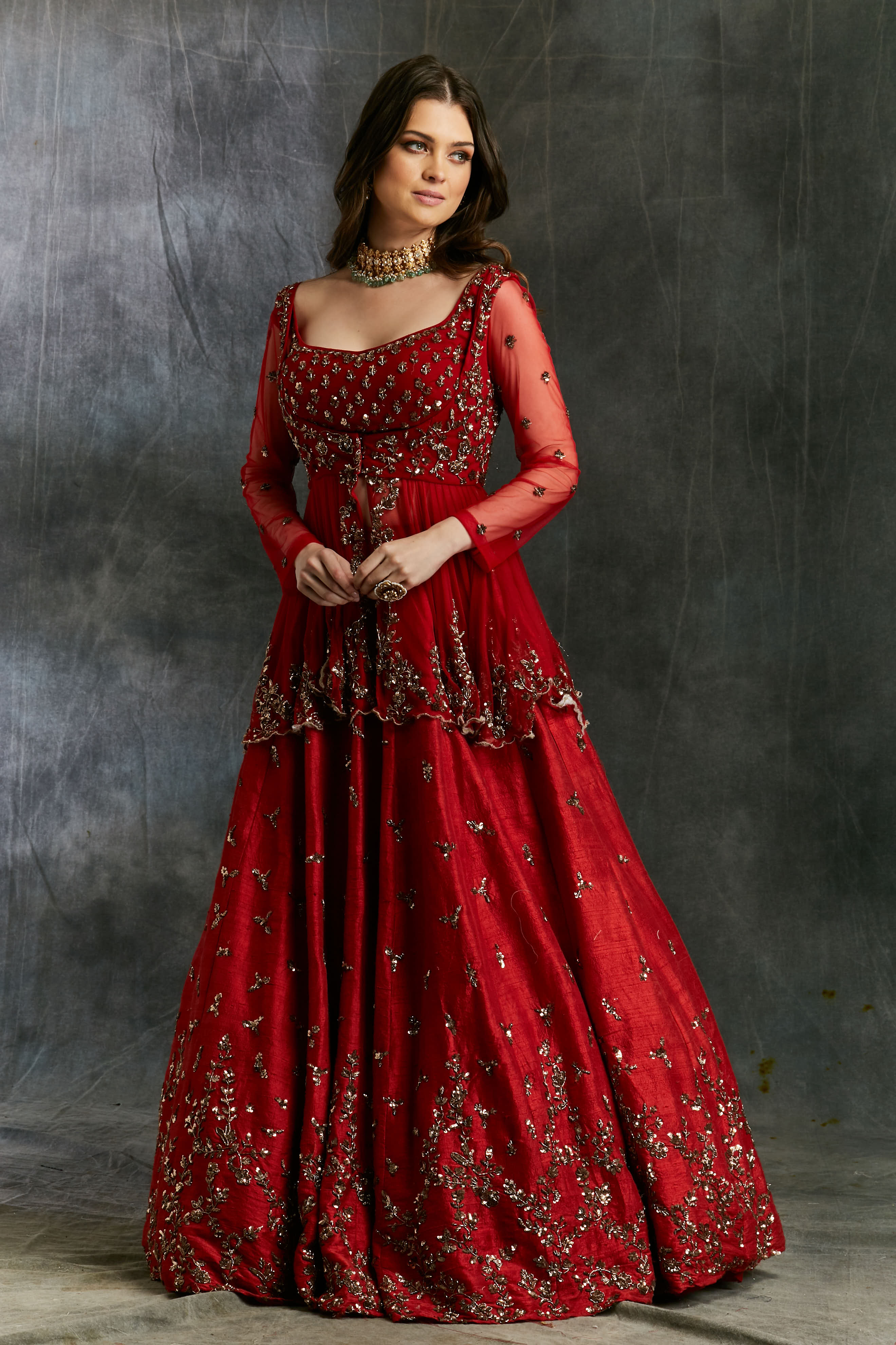 Antique Gold Sequins Raw Silk Lehenga With Peplum Work Blouse