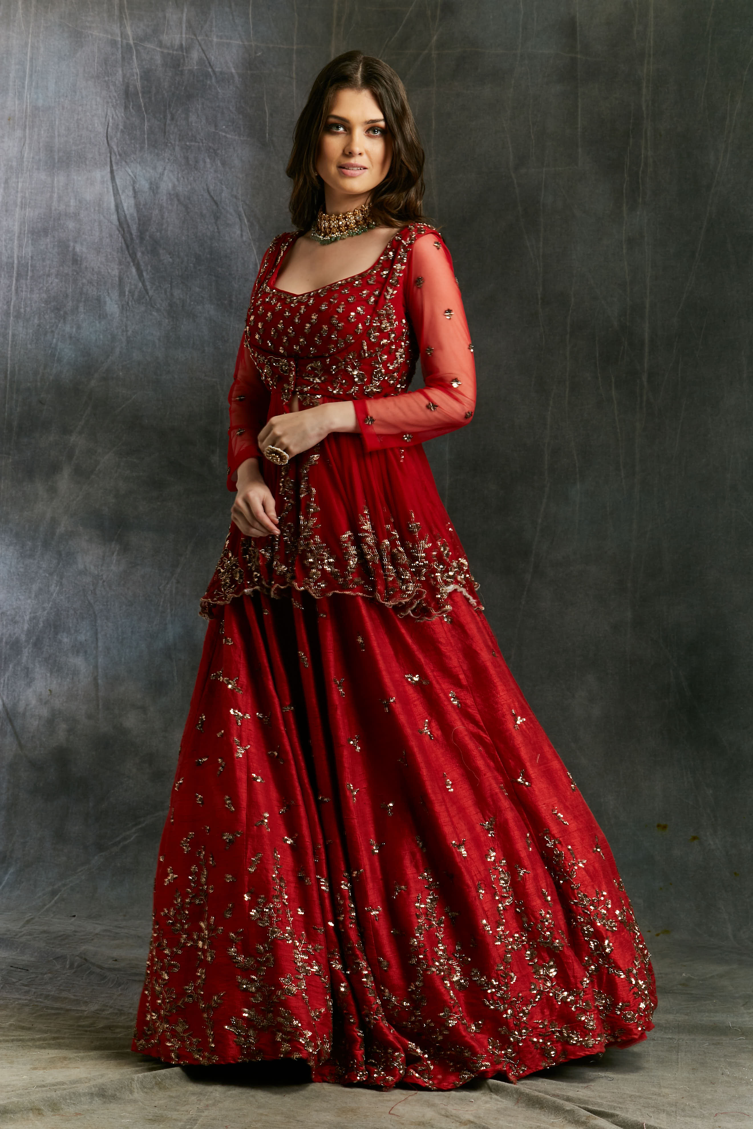 Antique Gold Sequins Raw Silk Lehenga With Peplum Work Blouse