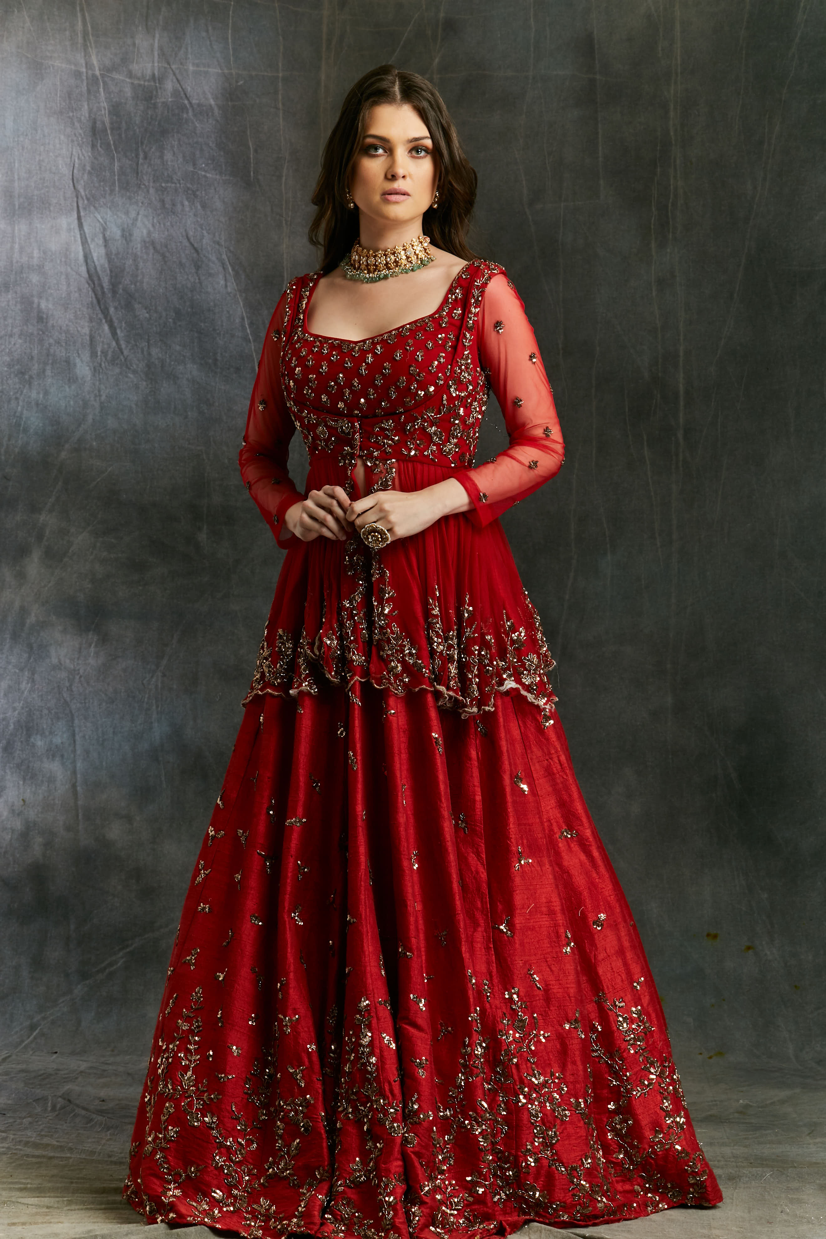 Antique Gold Sequins Raw Silk Lehenga With Peplum Work Blouse