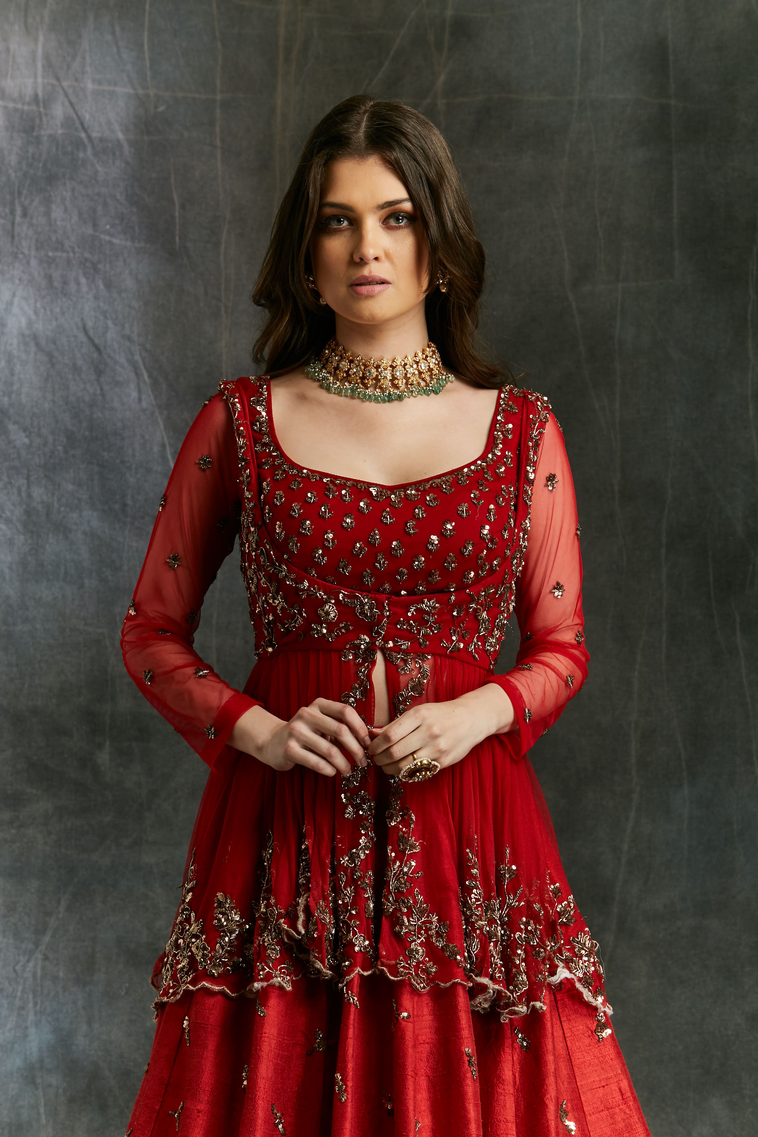 Antique Gold Sequins Raw Silk Lehenga With Peplum Work Blouse