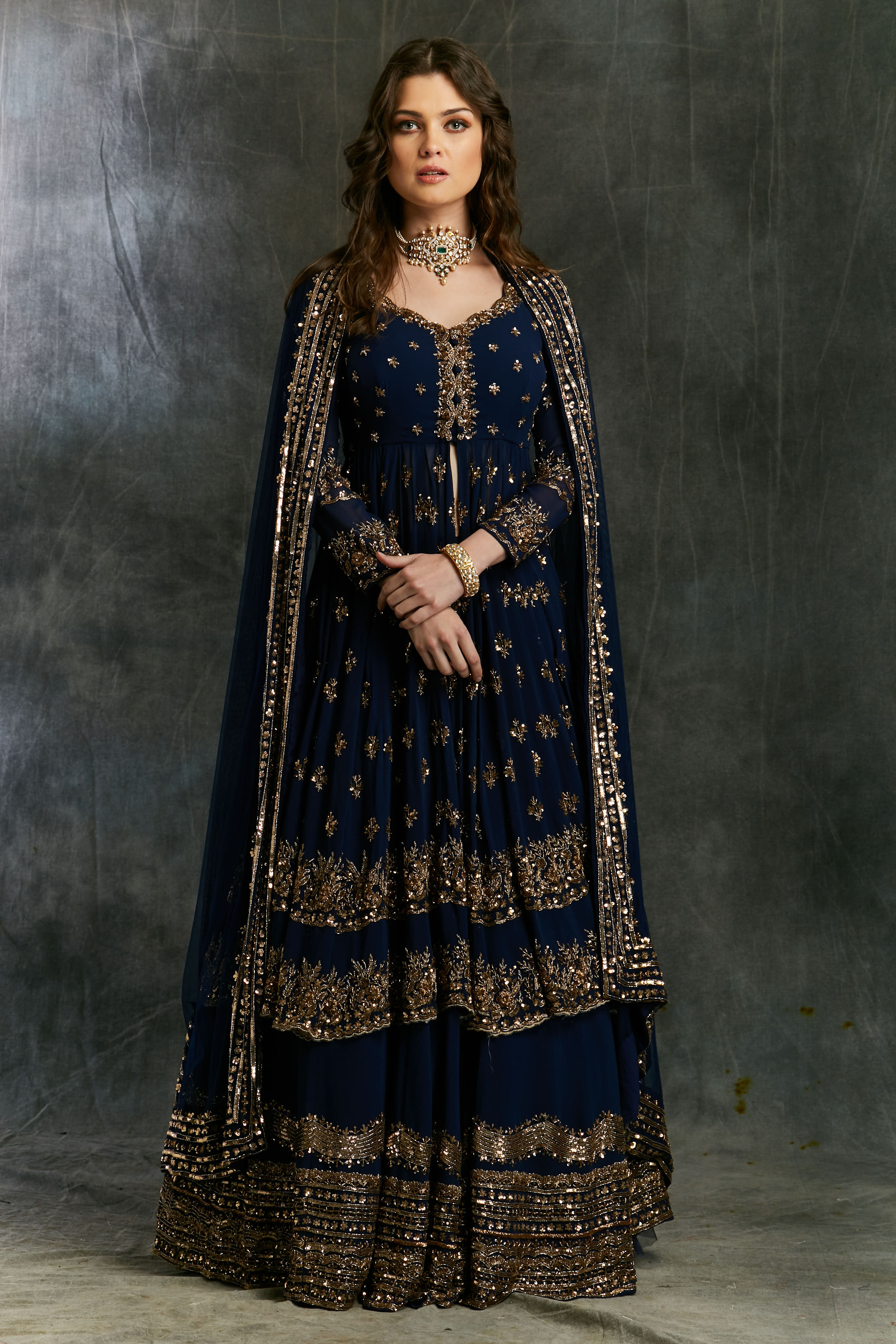 Dark Blue Gold Jacket With Border Skirt
