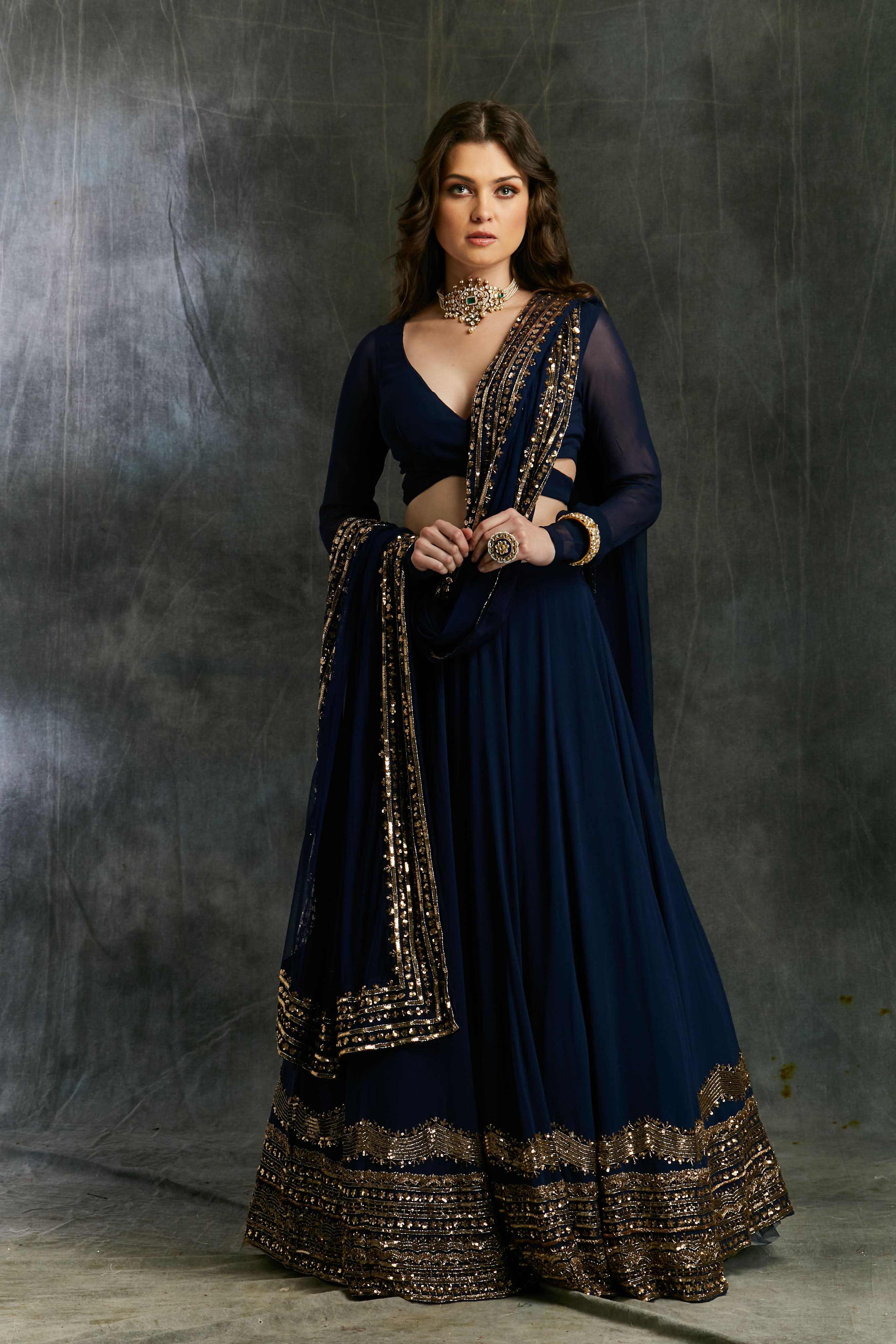 Dark Blue Wrap Blouse Georgette Lehenga