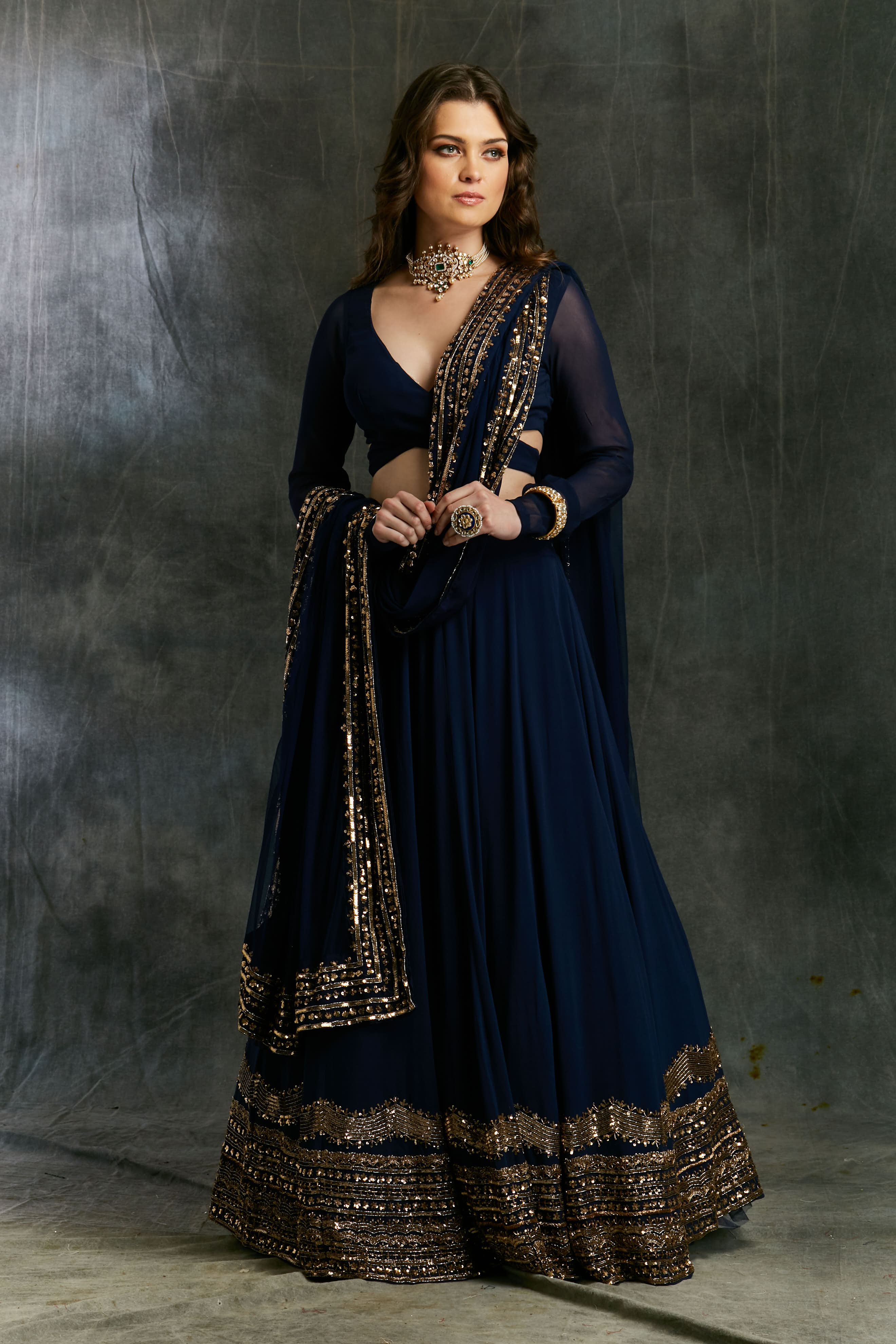 Dark Blue Wrap Blouse Georgette Lehenga