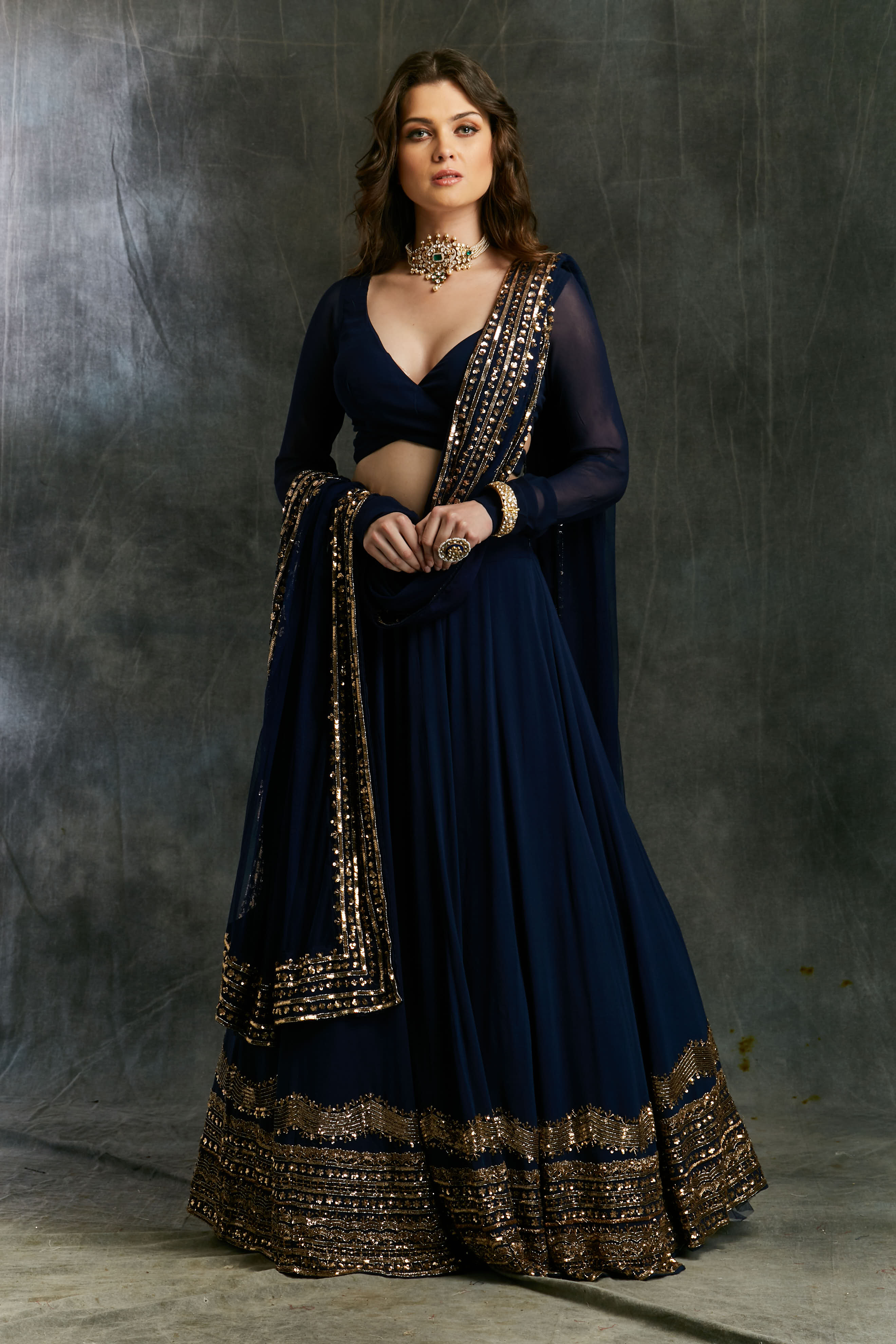 Dark Blue Wrap Blouse Georgette Lehenga