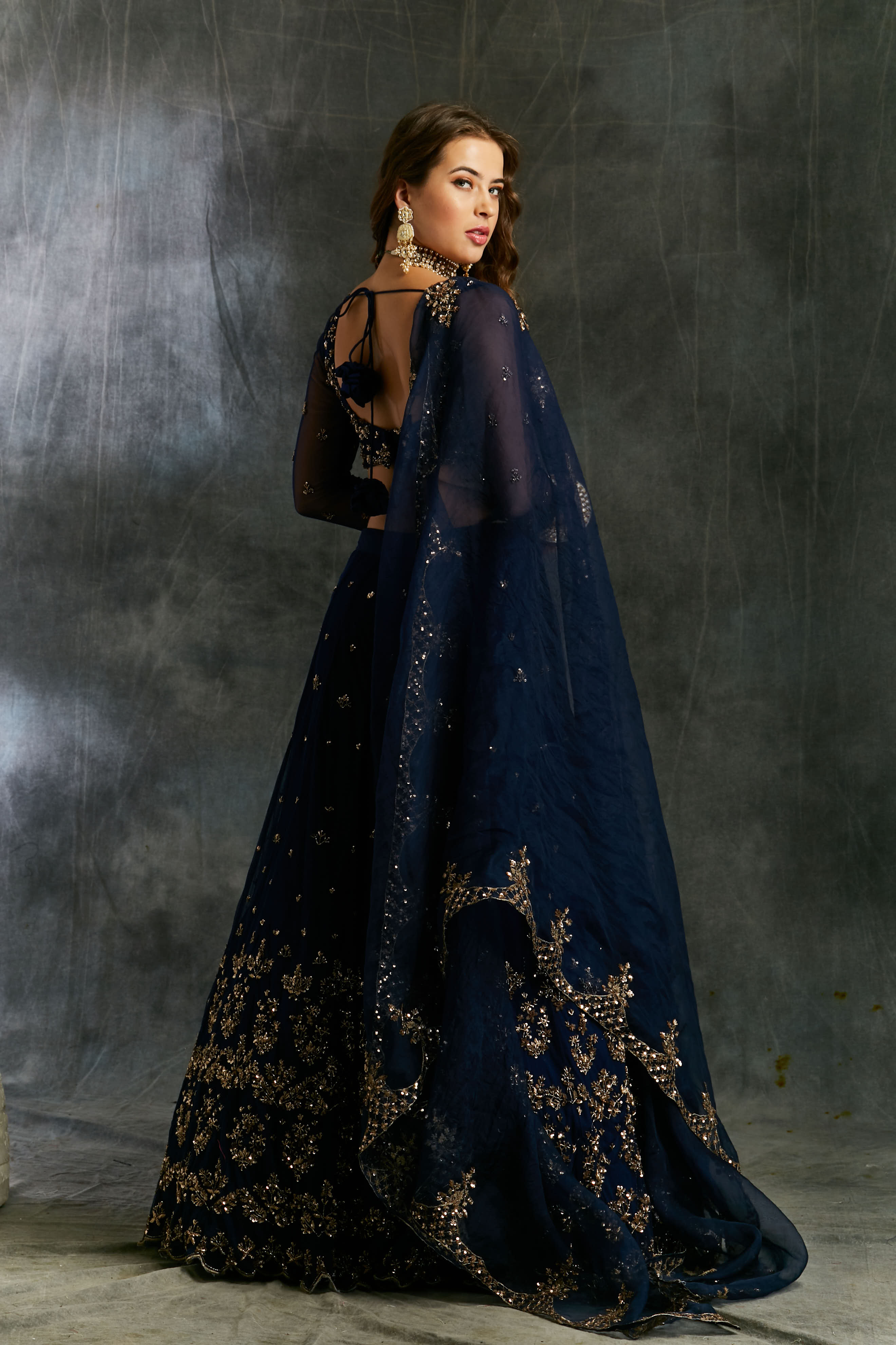 Midnight Blue Net Sequin Shimmer Lehenga