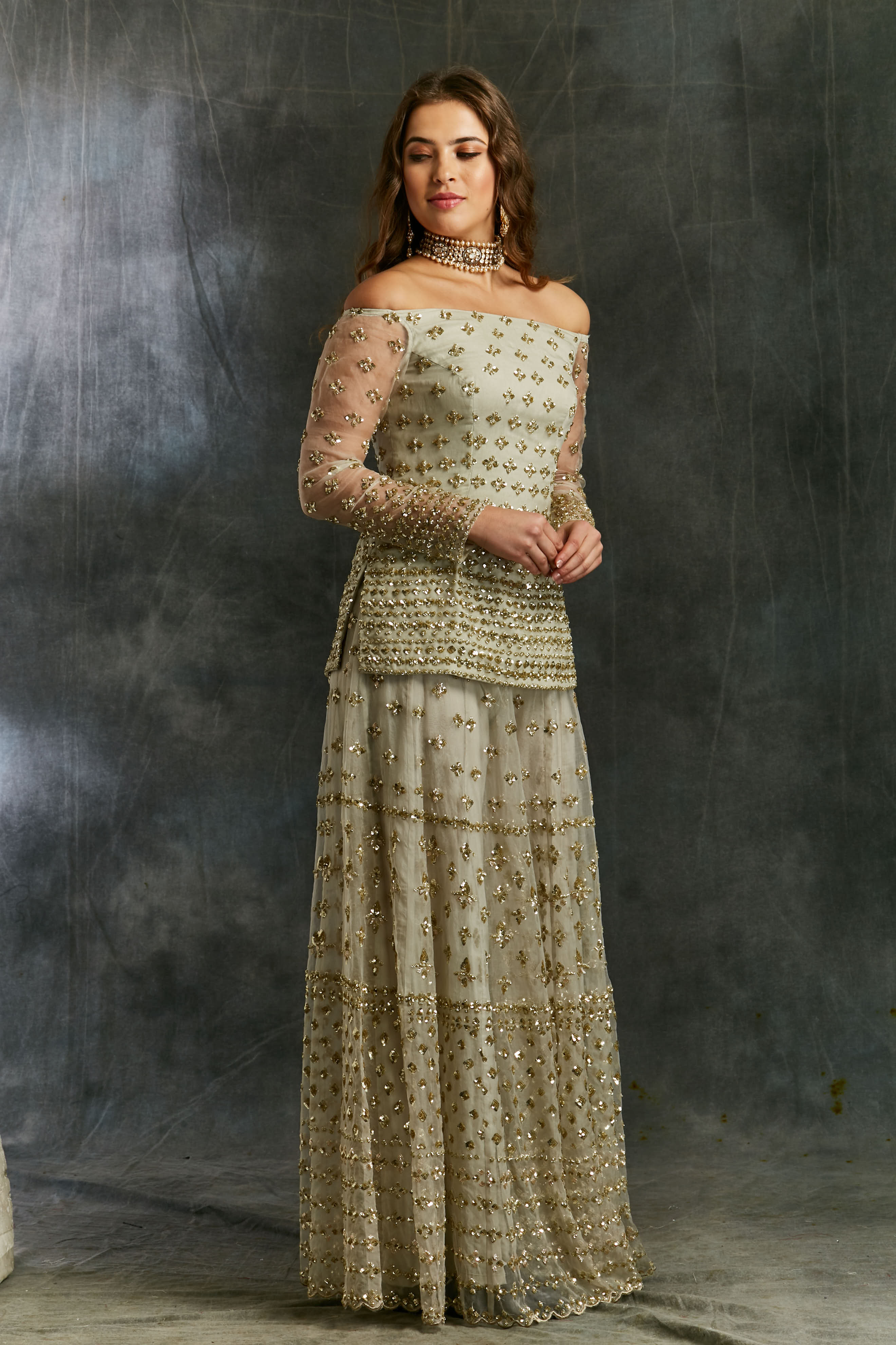 Grey Off Shoulder Kurti With Sharara Set