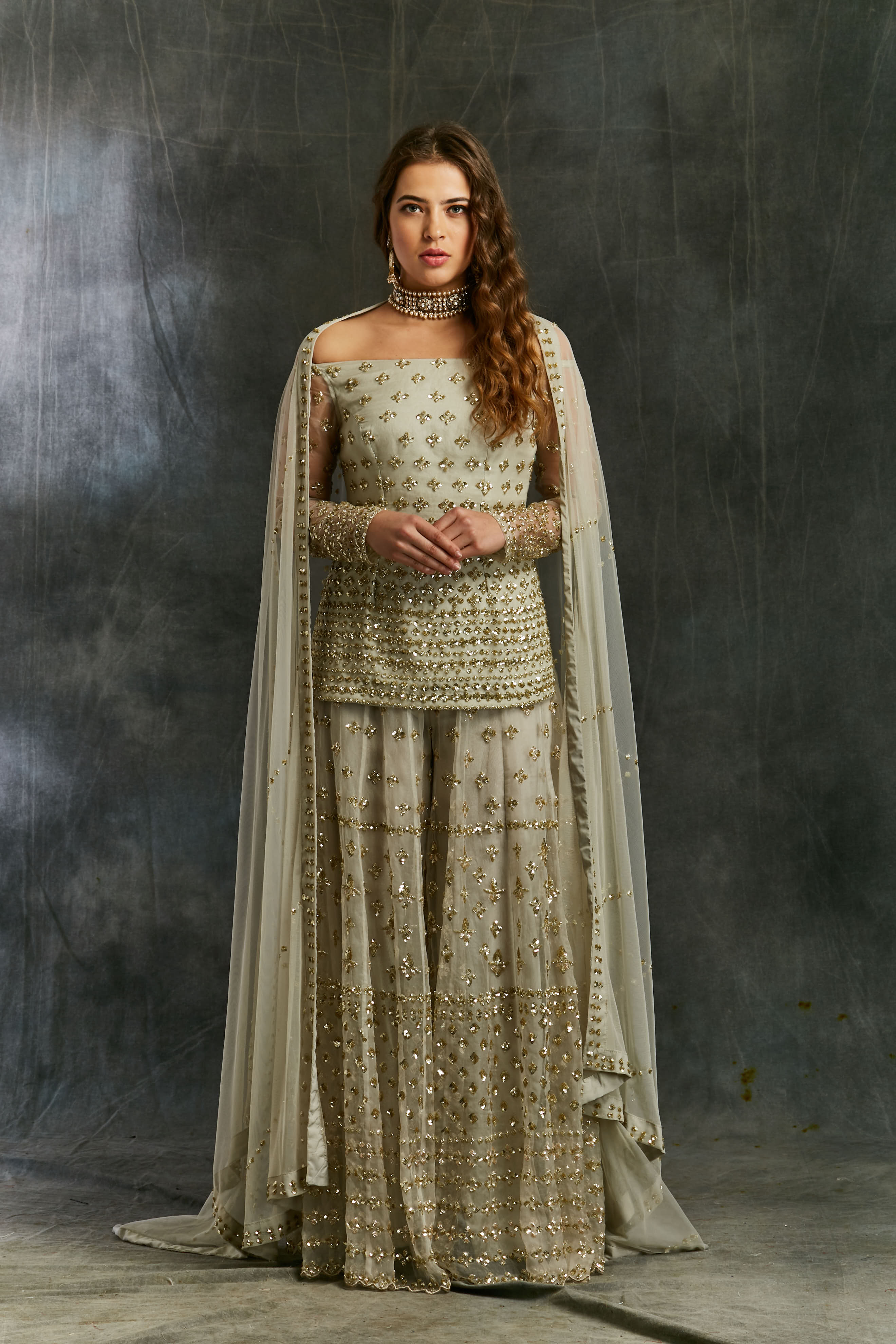 Grey Off Shoulder Kurti With Sharara Set