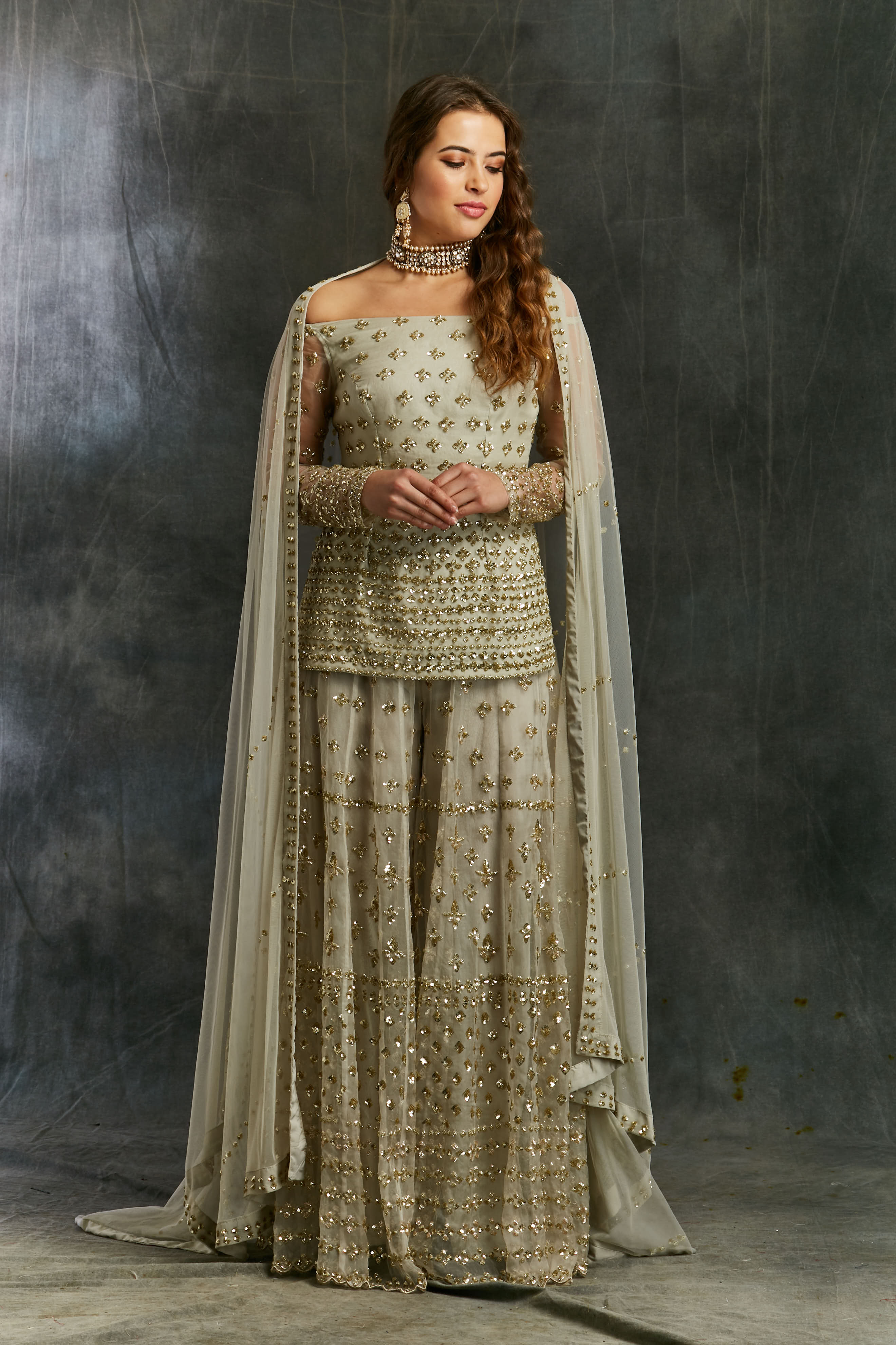 Grey Off Shoulder Kurti With Sharara Set