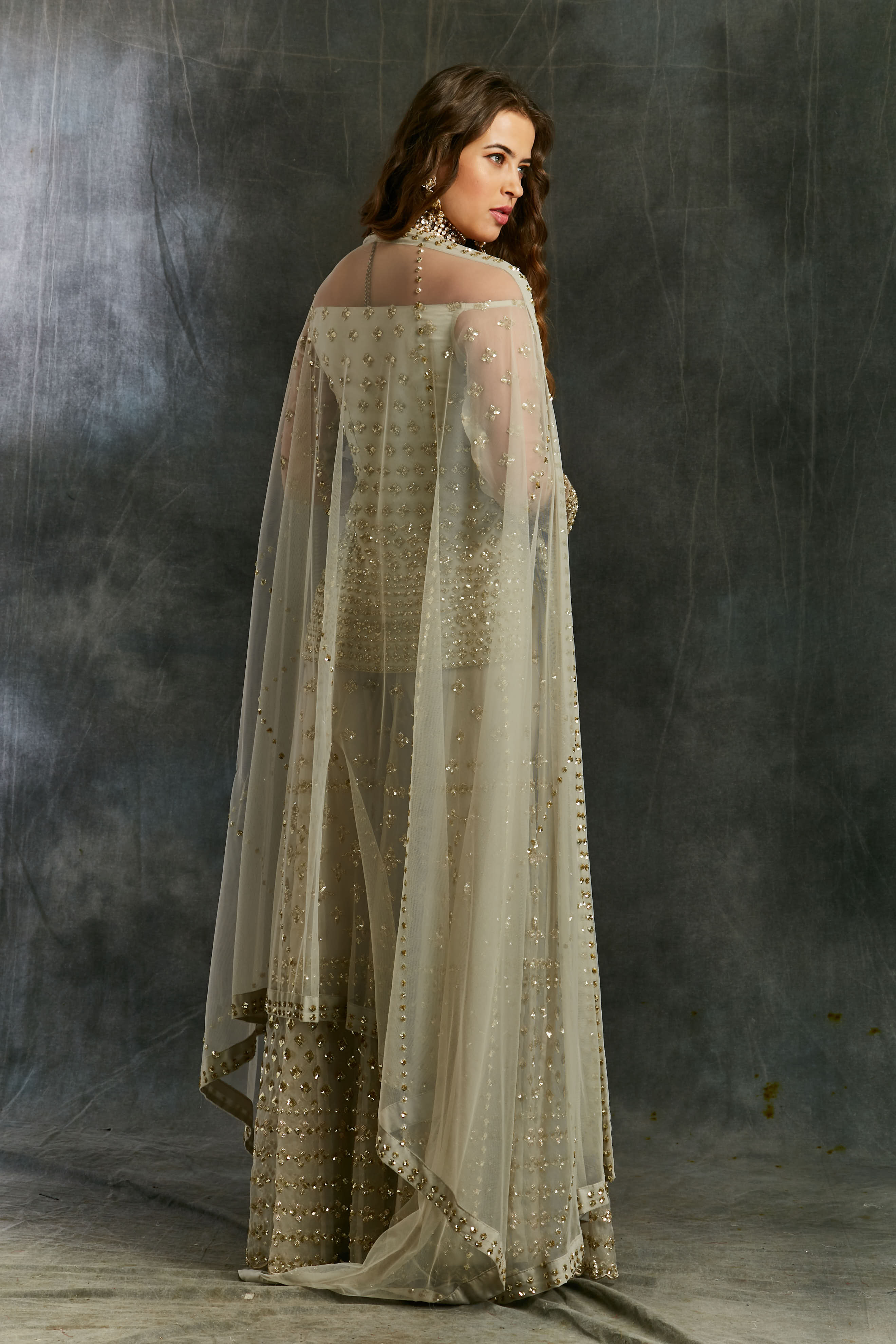Grey Off Shoulder Kurti With Sharara Set