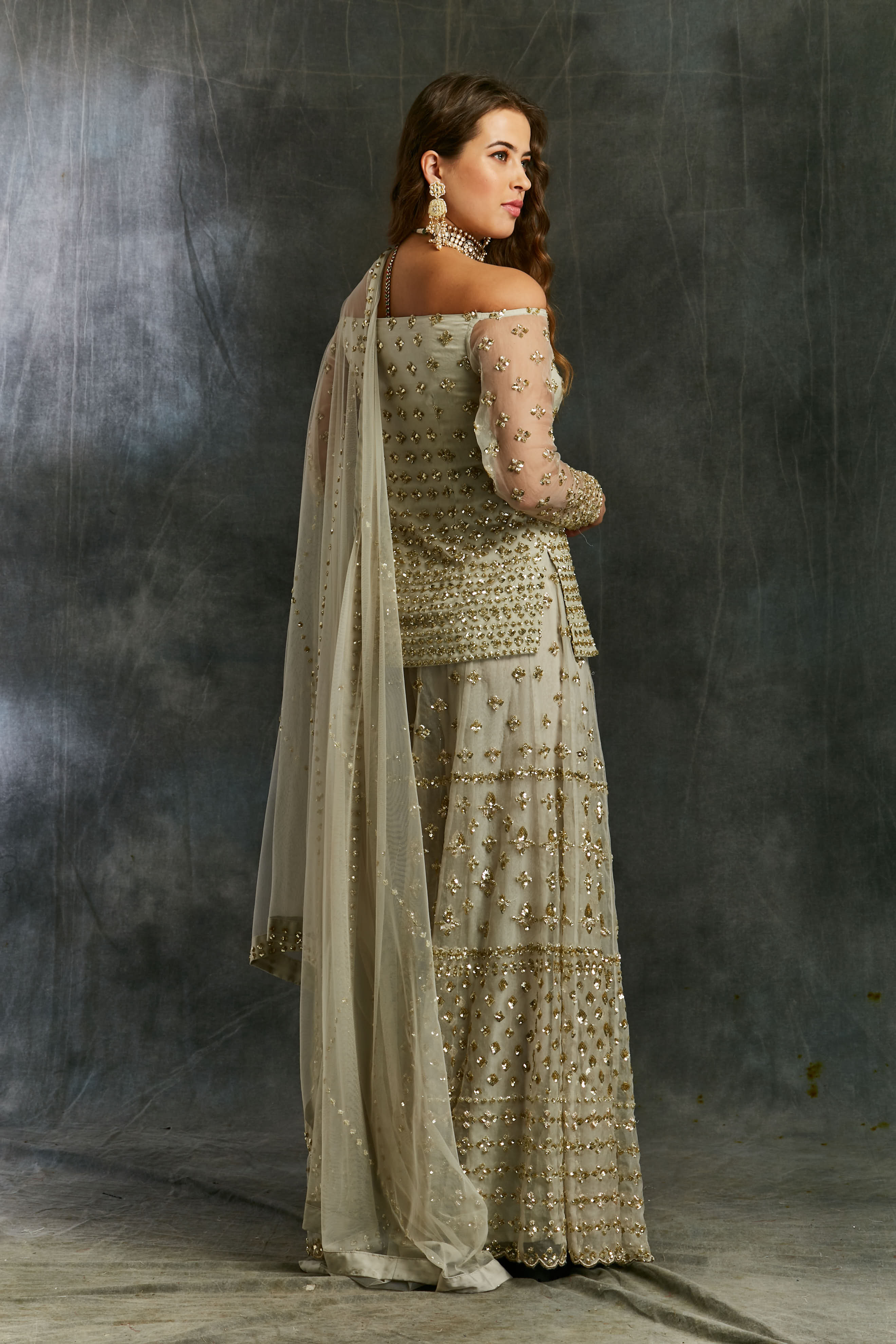 Grey Off Shoulder Kurti With Sharara Set