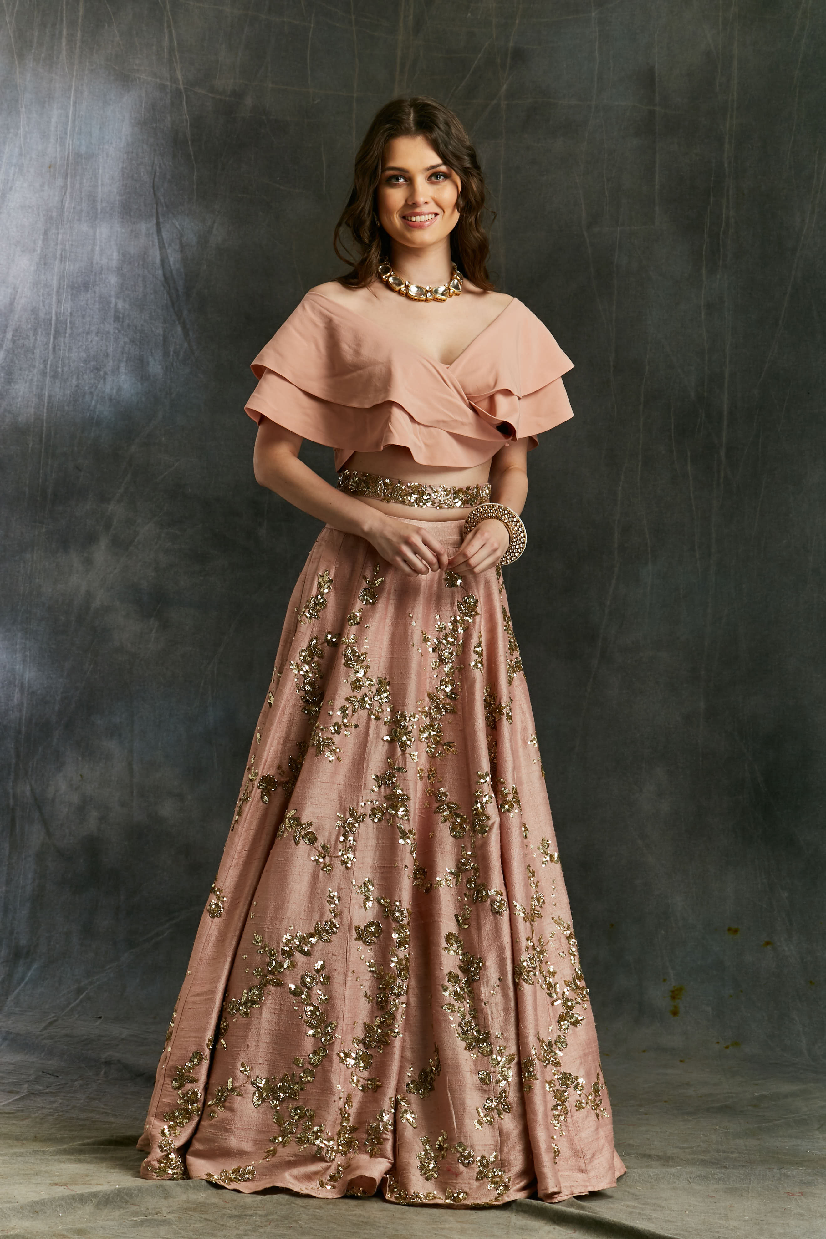 Pink Sequin Jaal Lehenga With Frill Blouse