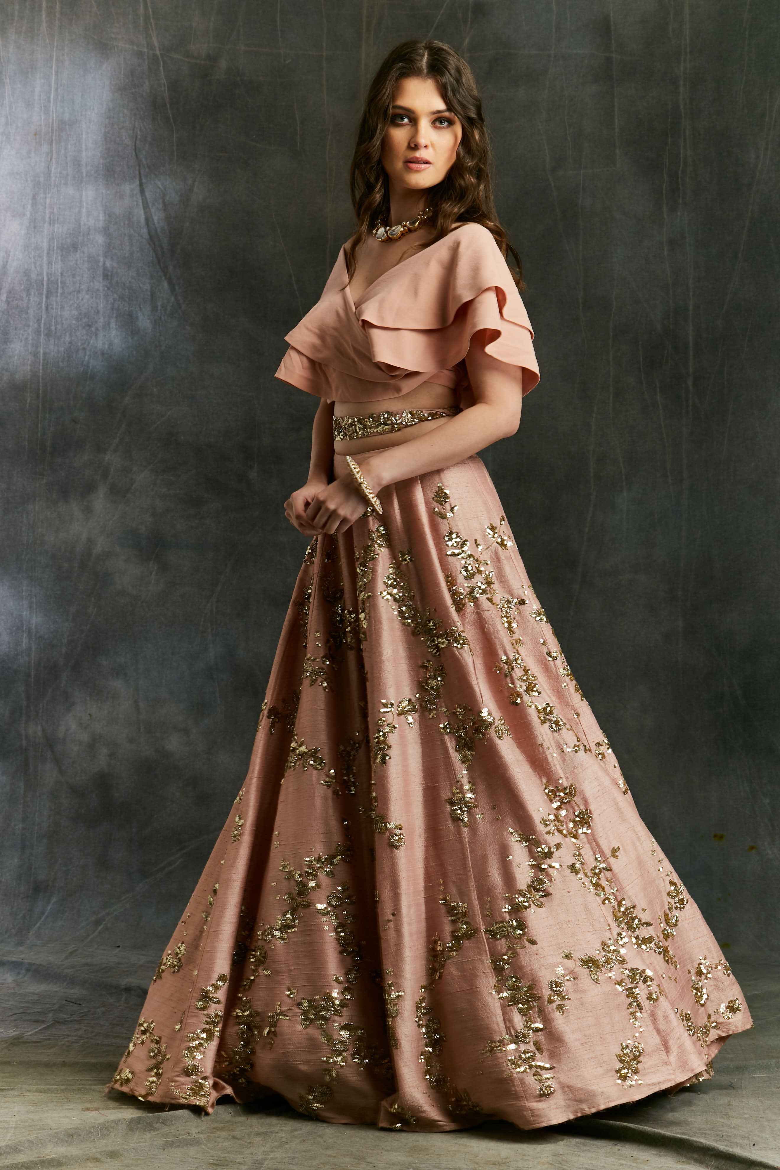 Pink Sequin Jaal Lehenga With Frill Blouse