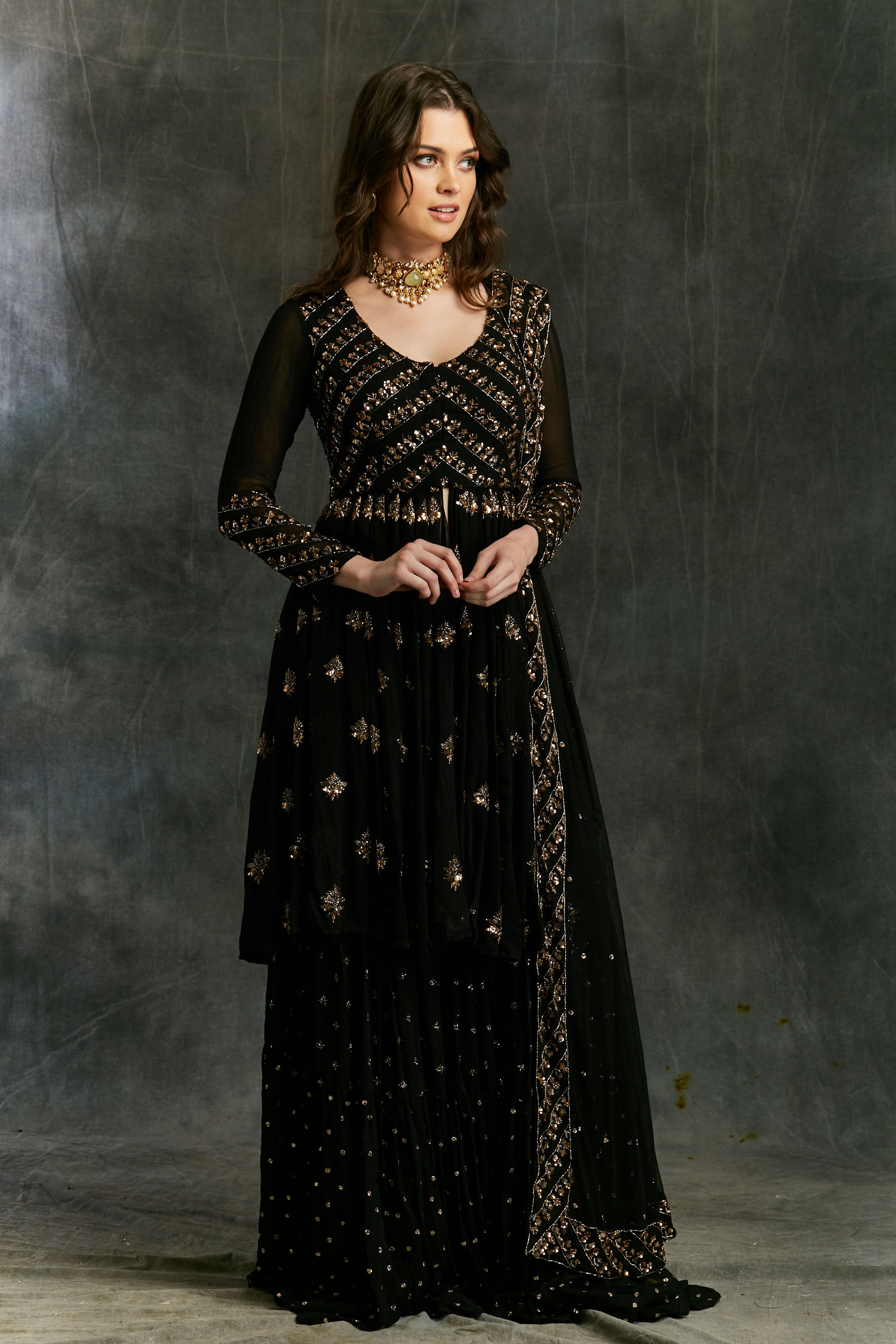 Black And Gold Georgette Jacket Sharara