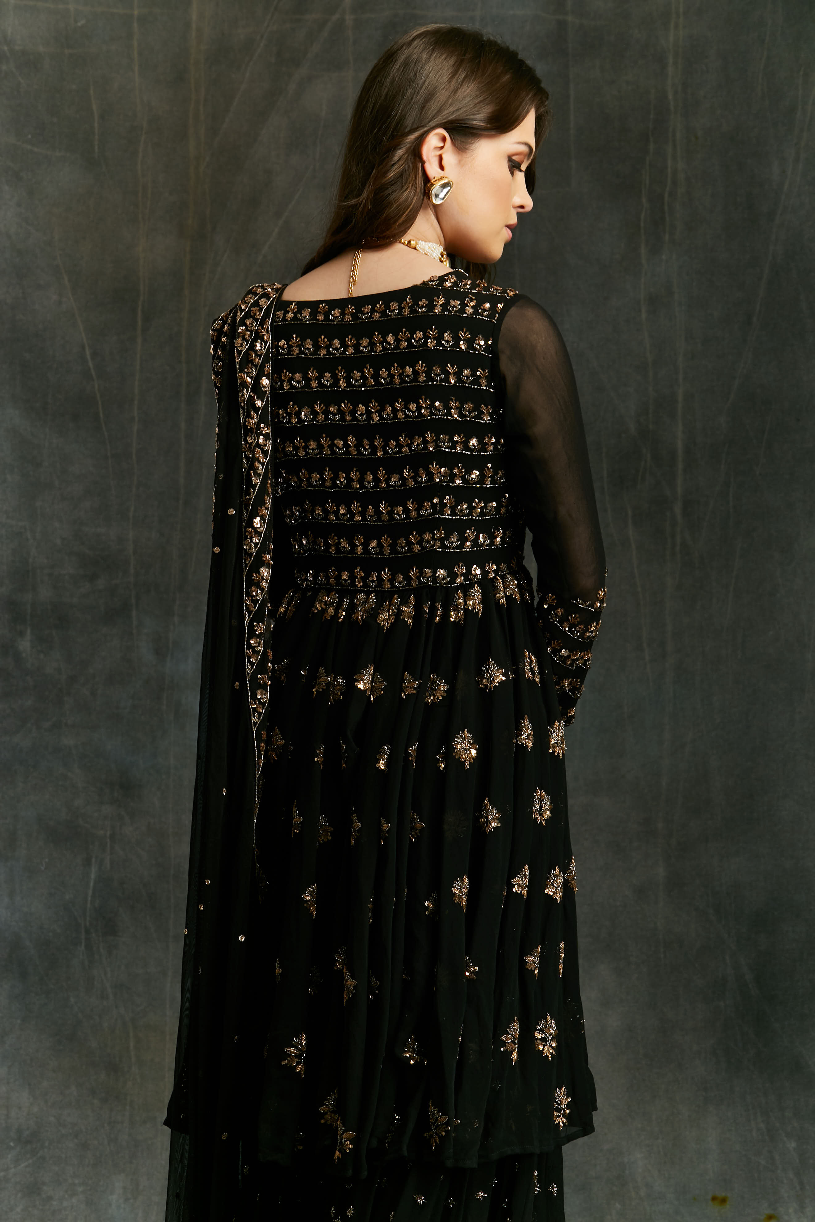 Black And Gold Georgette Jacket Sharara