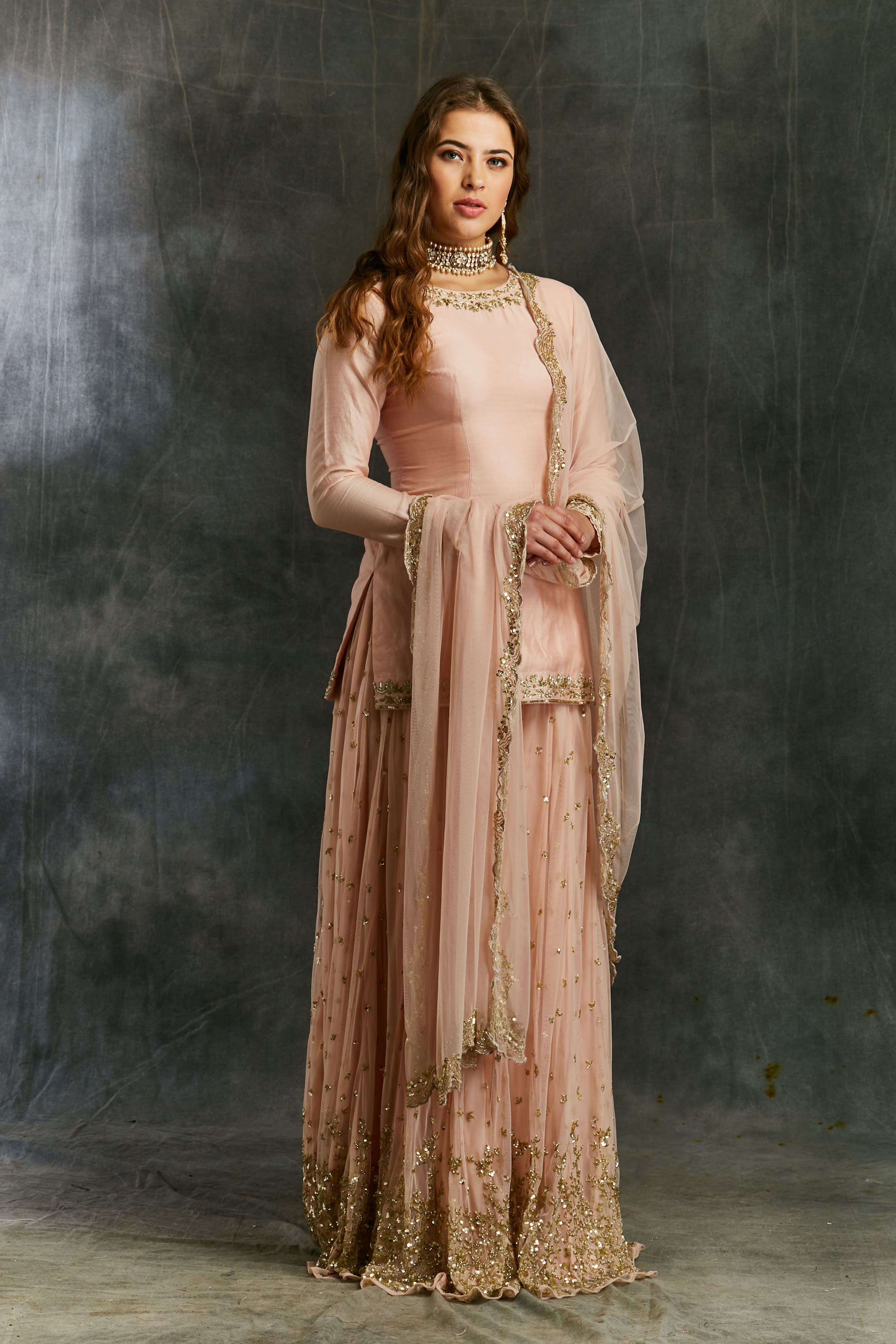 Pink Silk Kurta With Shimmer Sharara