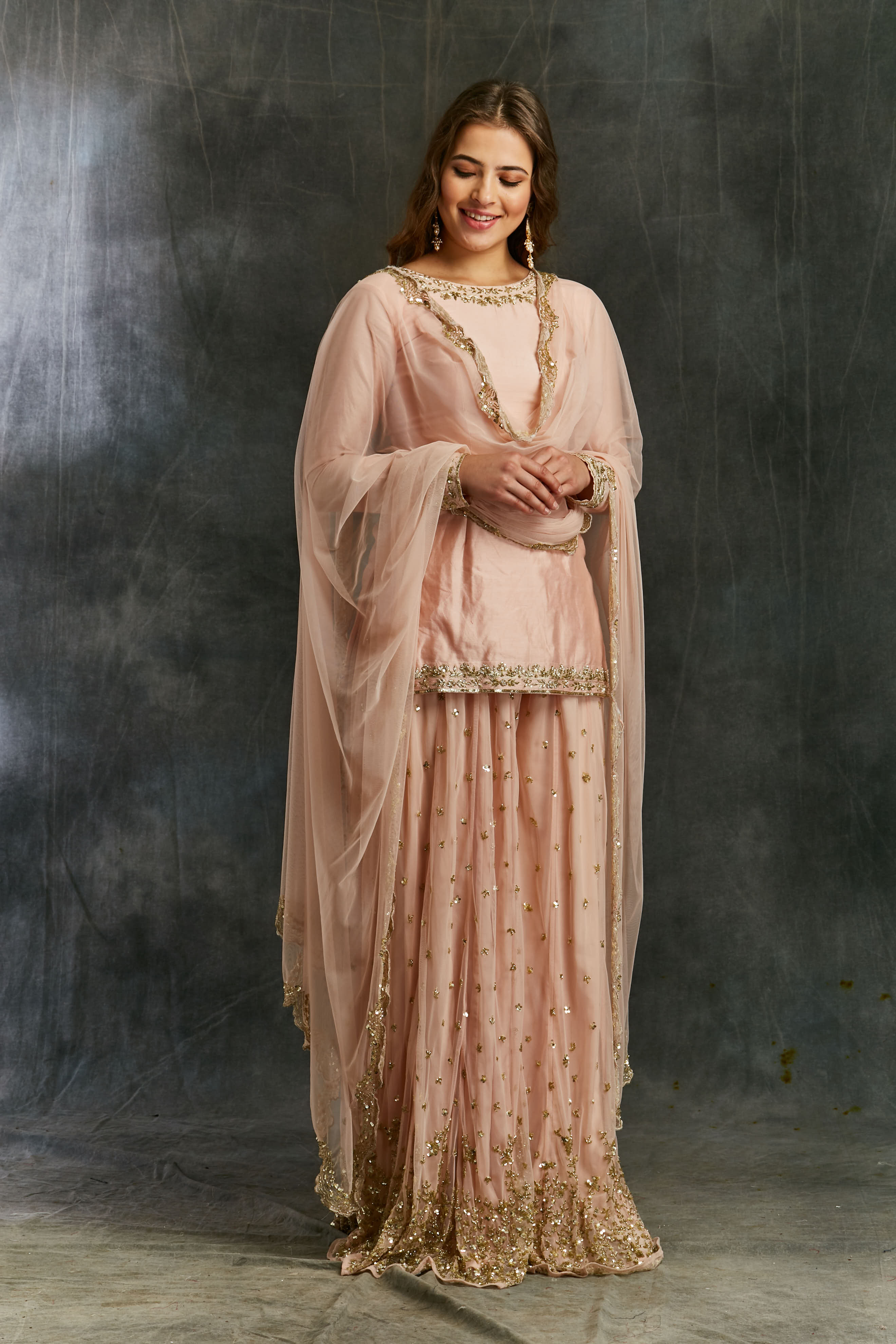 Pink Silk Kurta With Shimmer Sharara