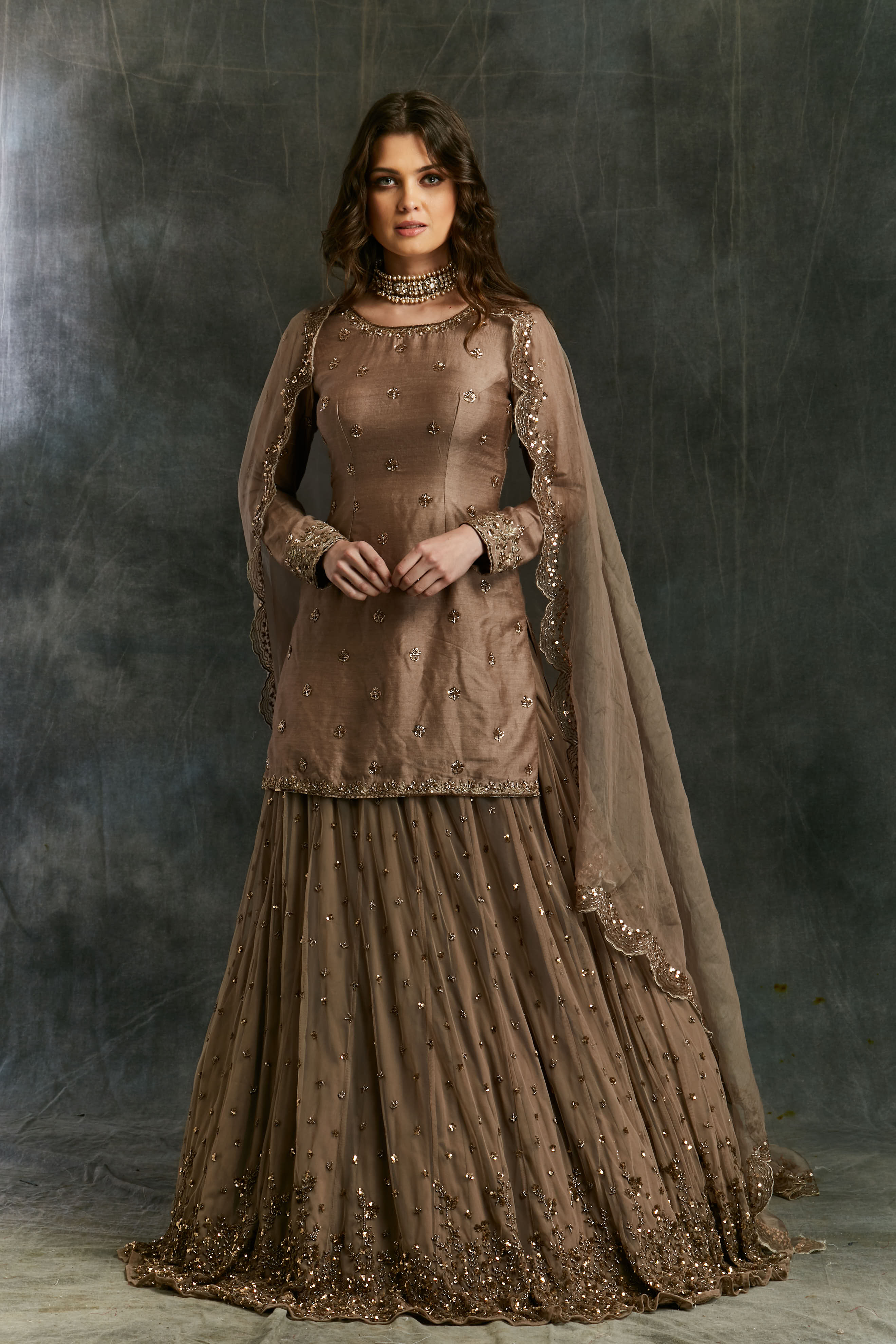 Grey Brown Raw Silk Kurta With Shimmer Lehenga