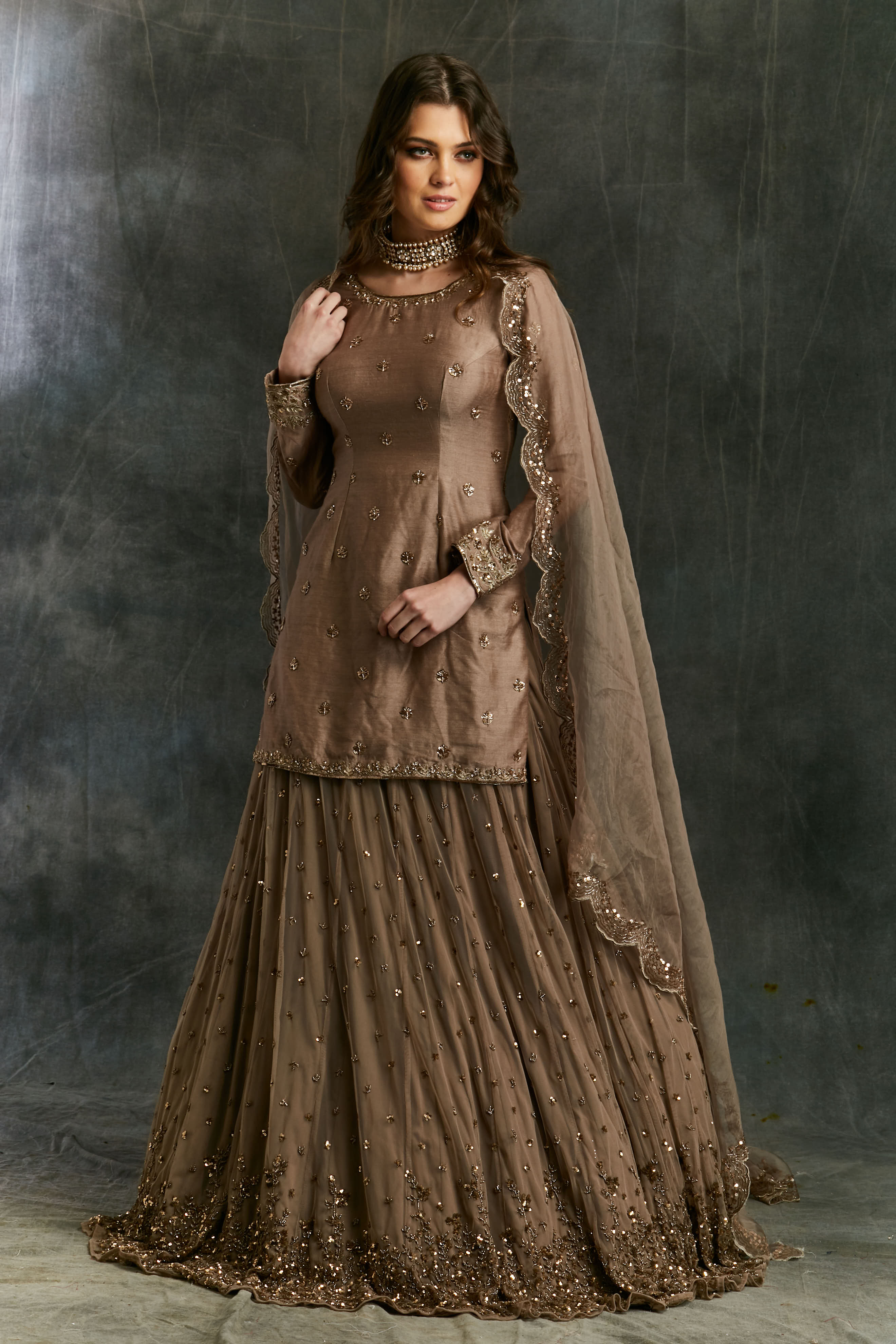 Grey Brown Raw Silk Kurta With Shimmer Lehenga
