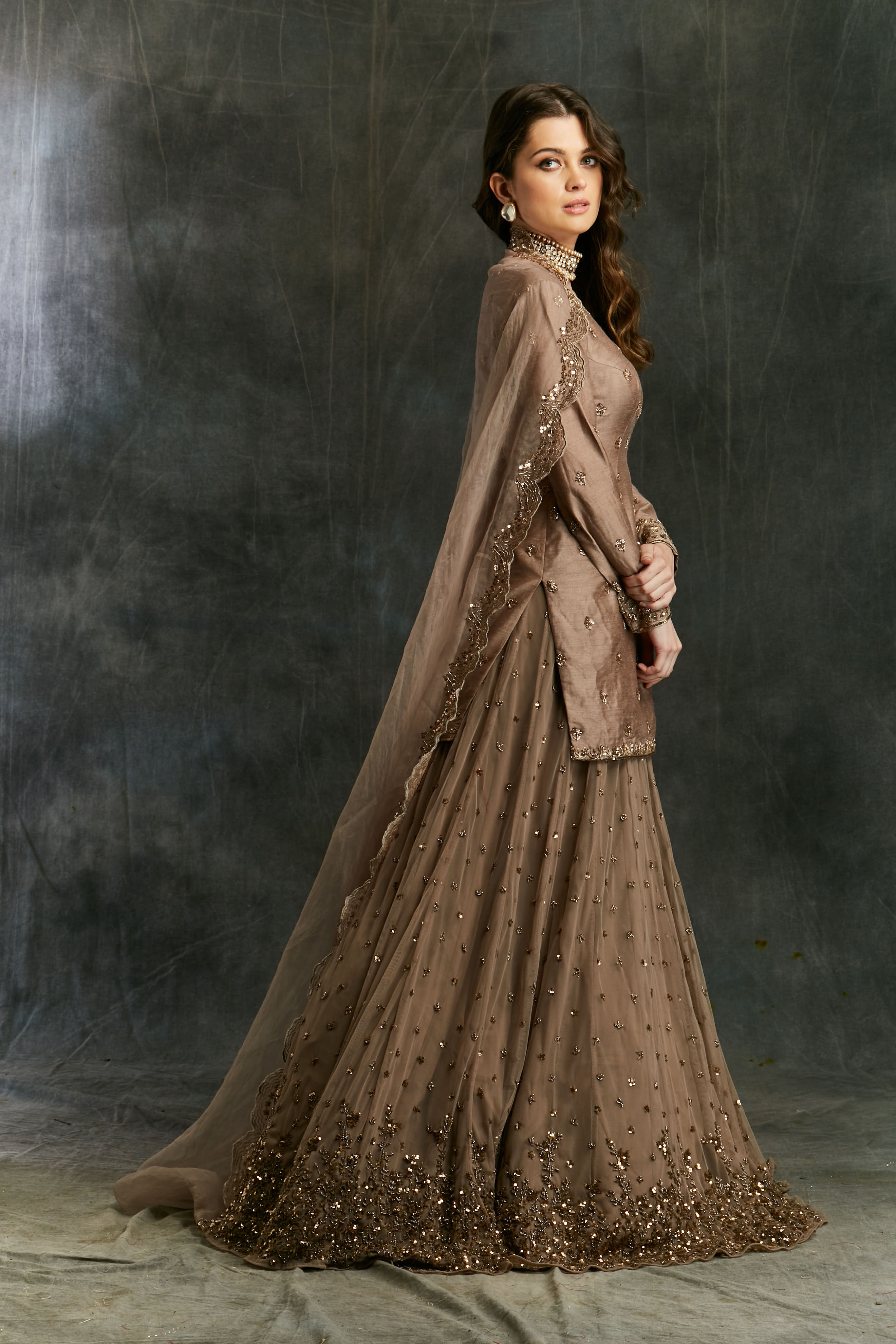 Grey Brown Raw Silk Kurta With Shimmer Lehenga