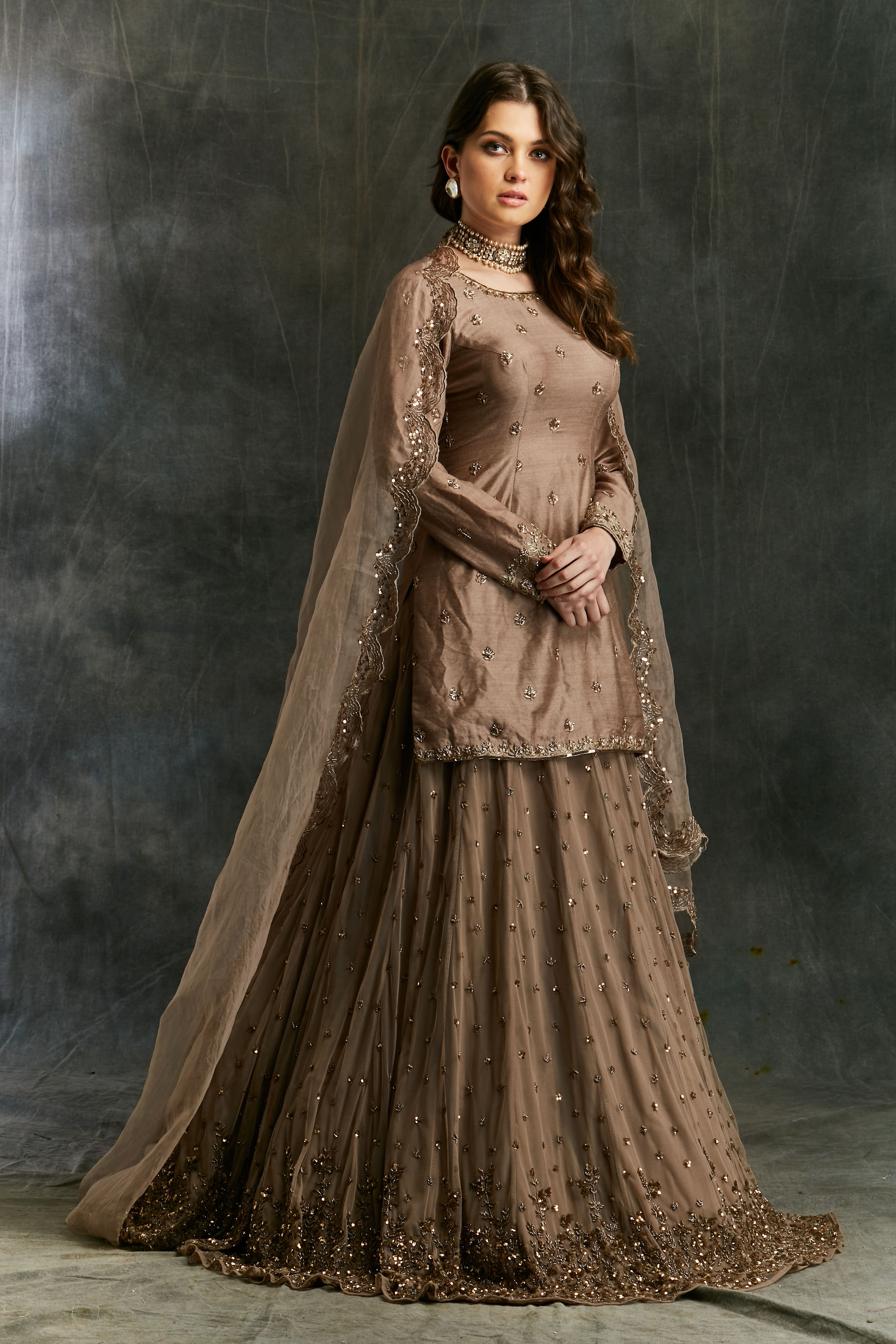 Grey Brown Raw Silk Kurta With Shimmer Lehenga