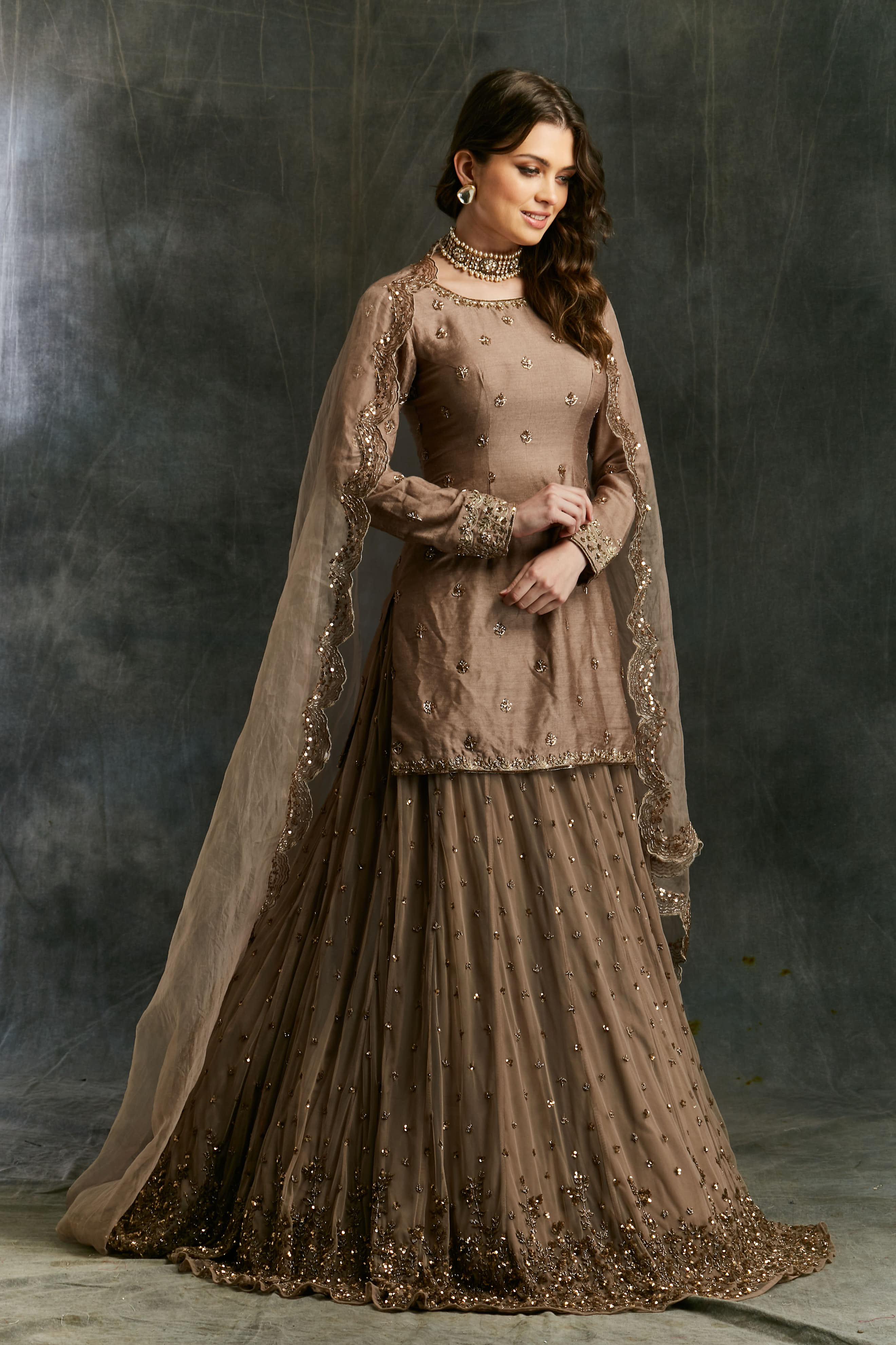 Grey Brown Raw Silk Kurta With Shimmer Lehenga