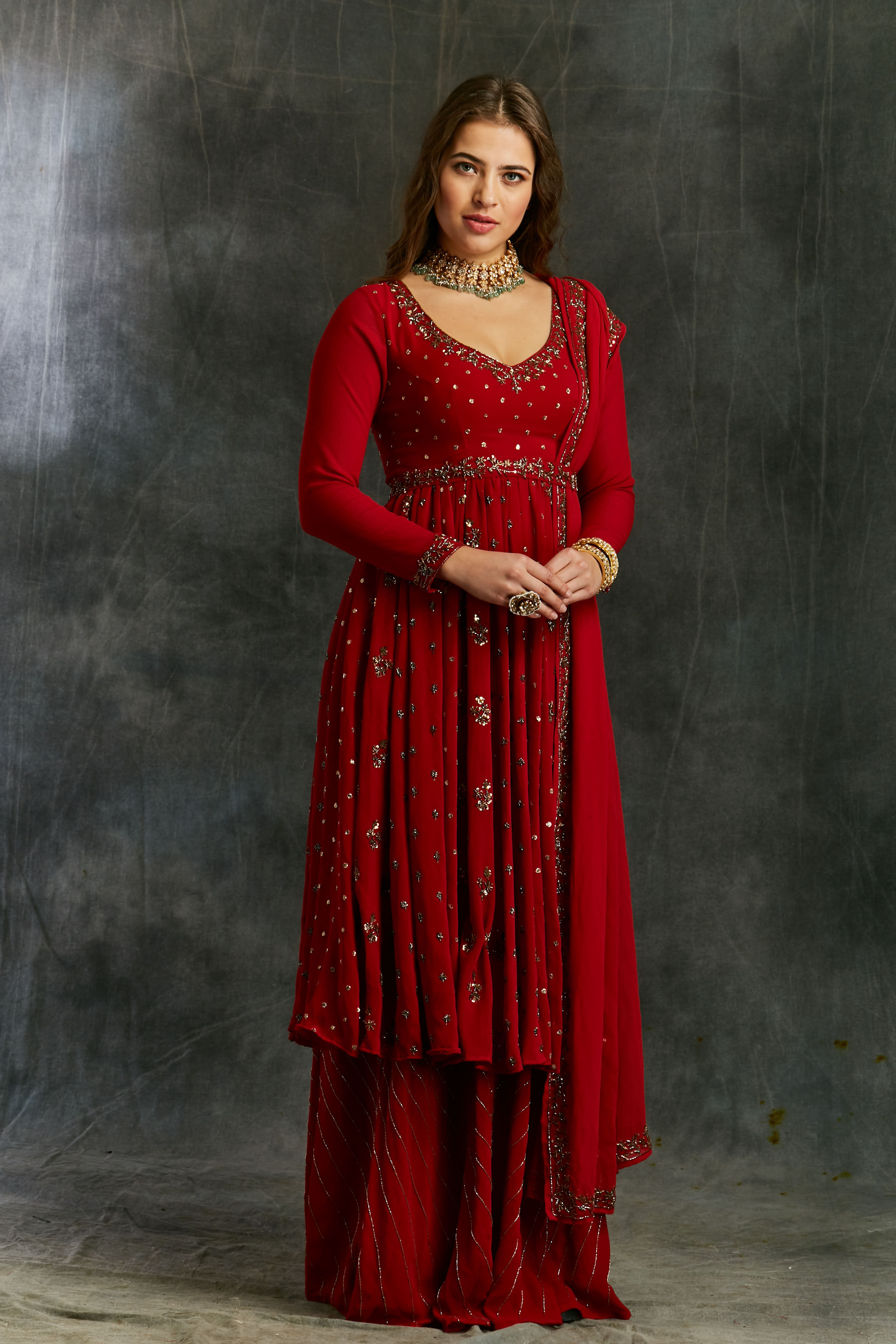 Red Georgette Anarkali With Sharara