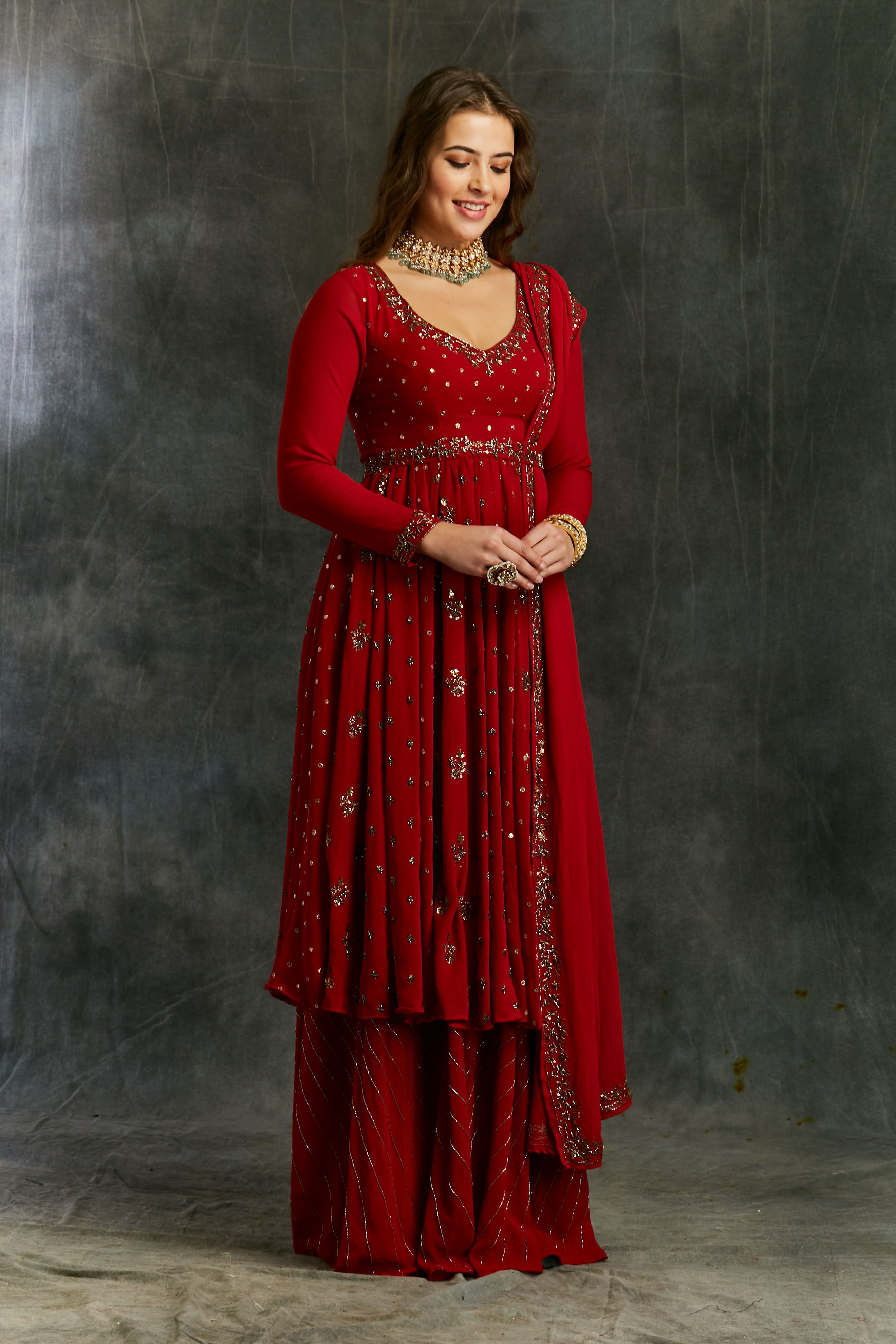 Red Georgette Anarkali With Sharara