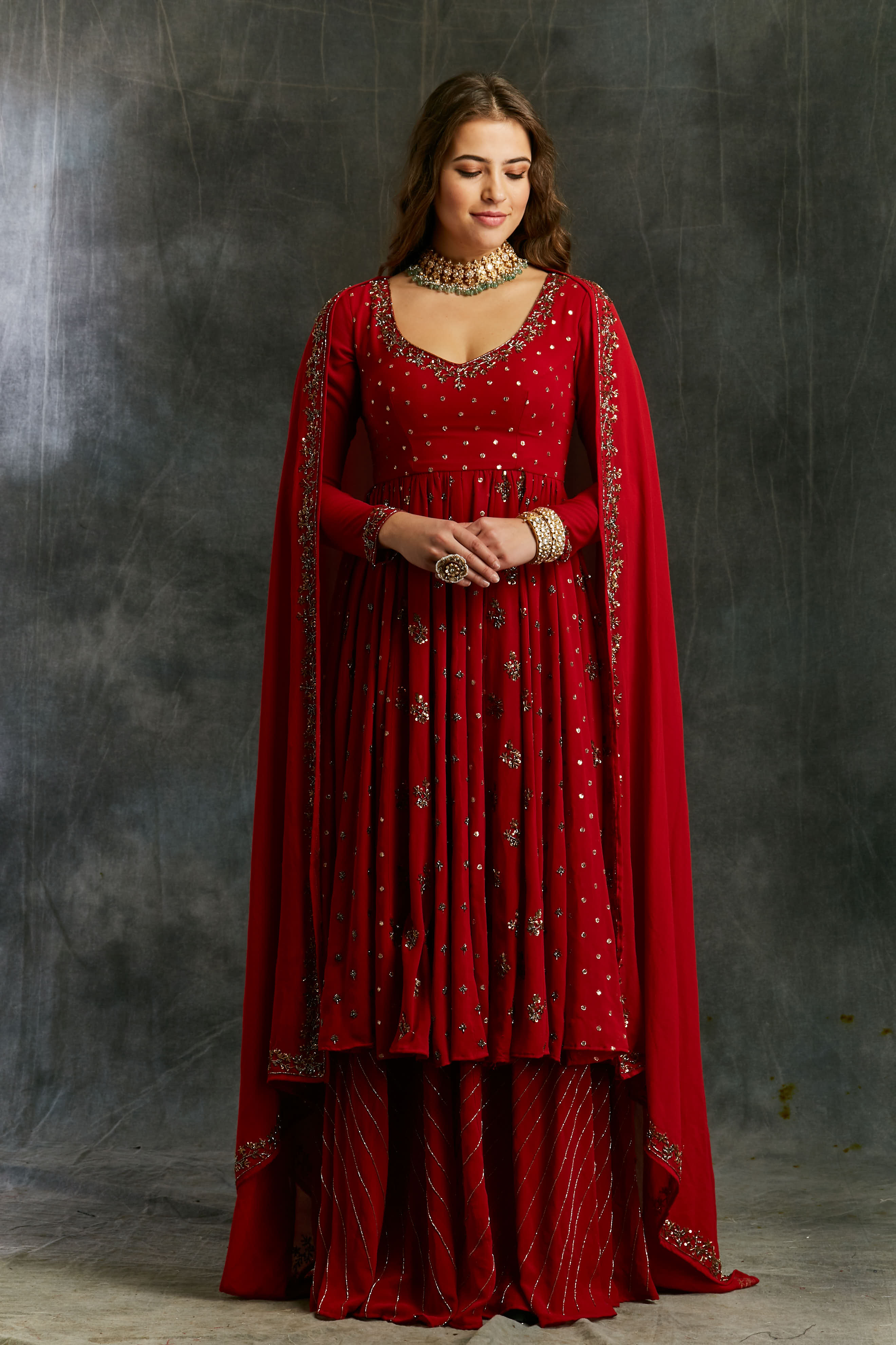 Red Georgette Anarkali With Sharara