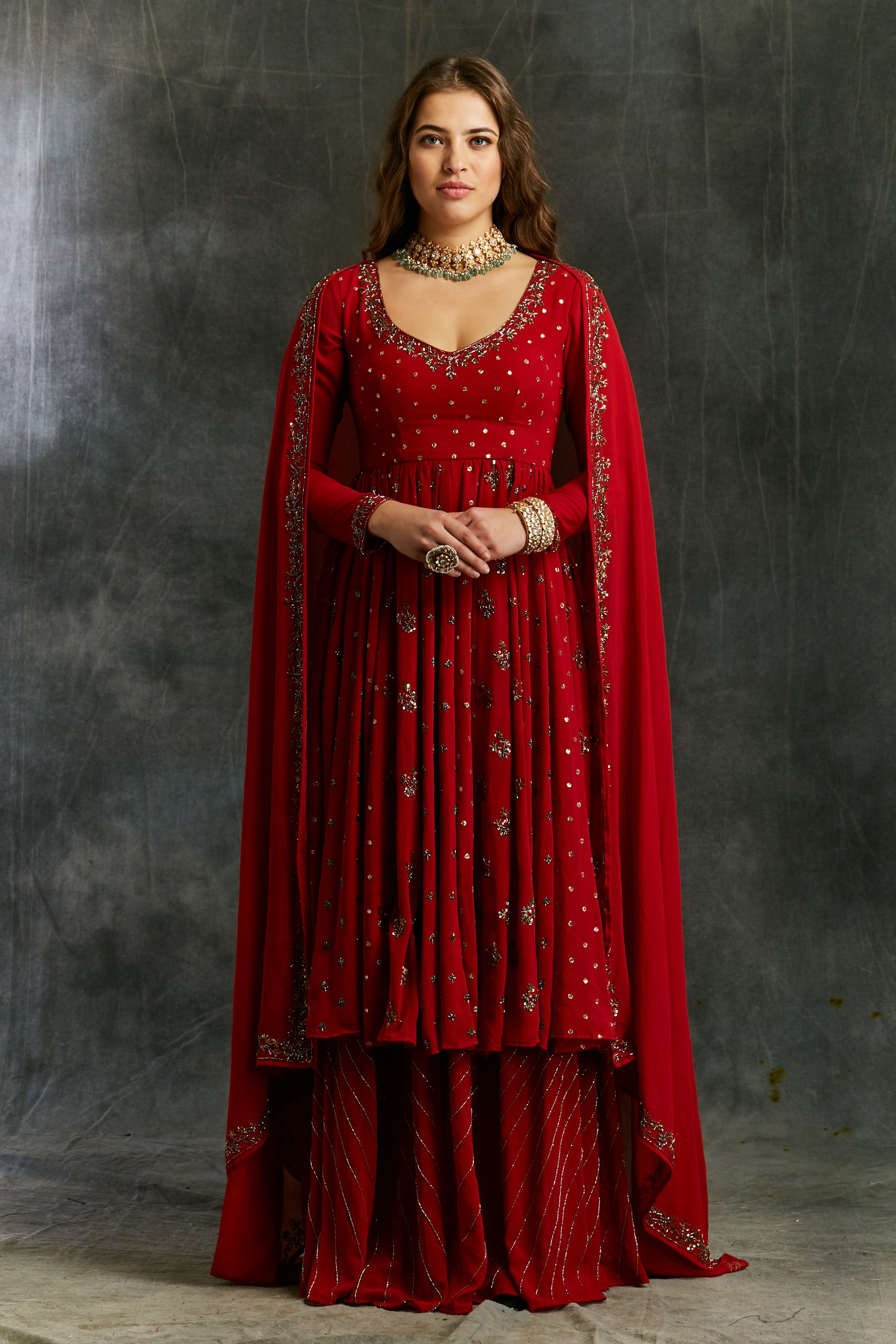 Red Georgette Anarkali With Sharara
