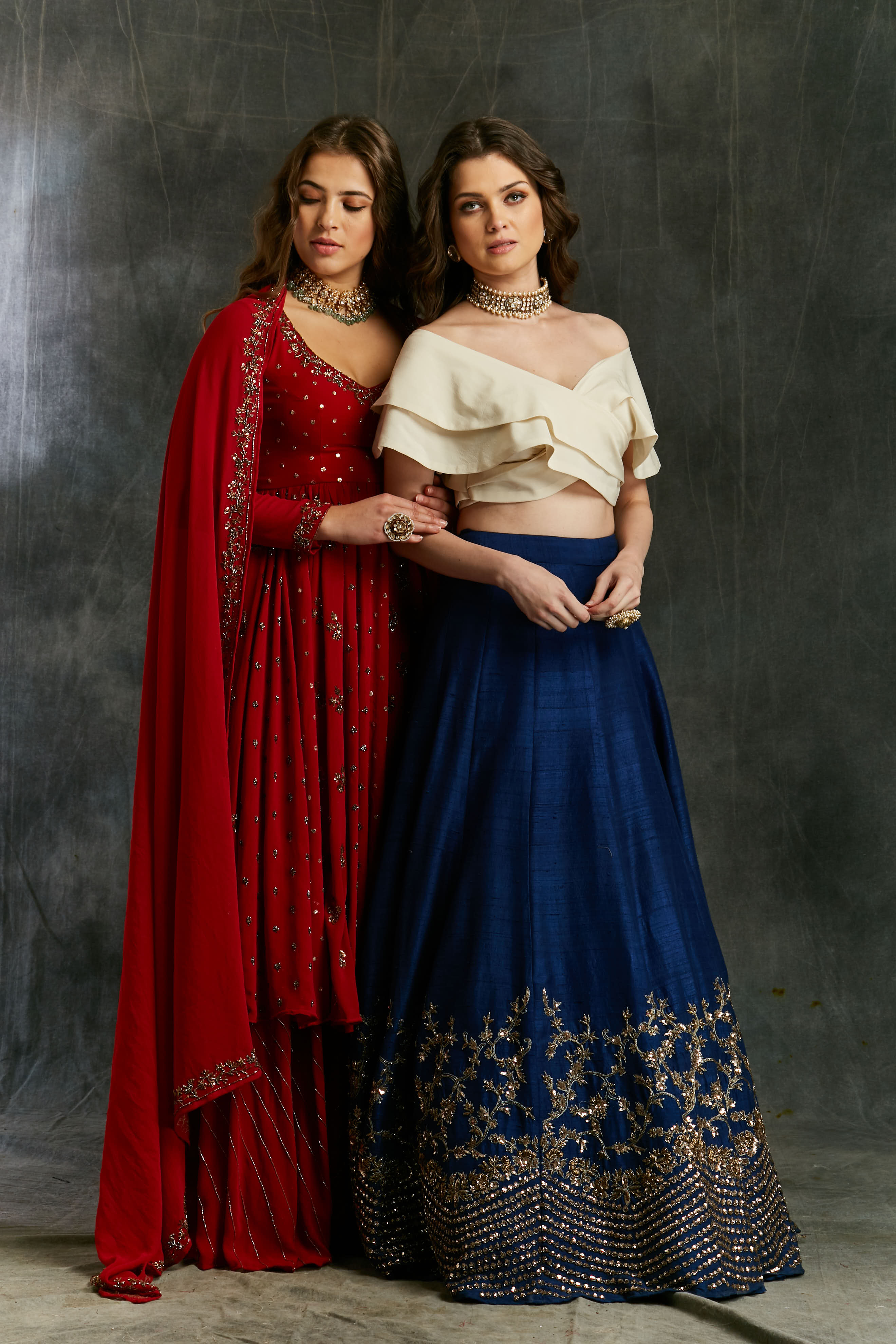 Blue Border Lehenga With Off Shoulder Wrap Crop Top