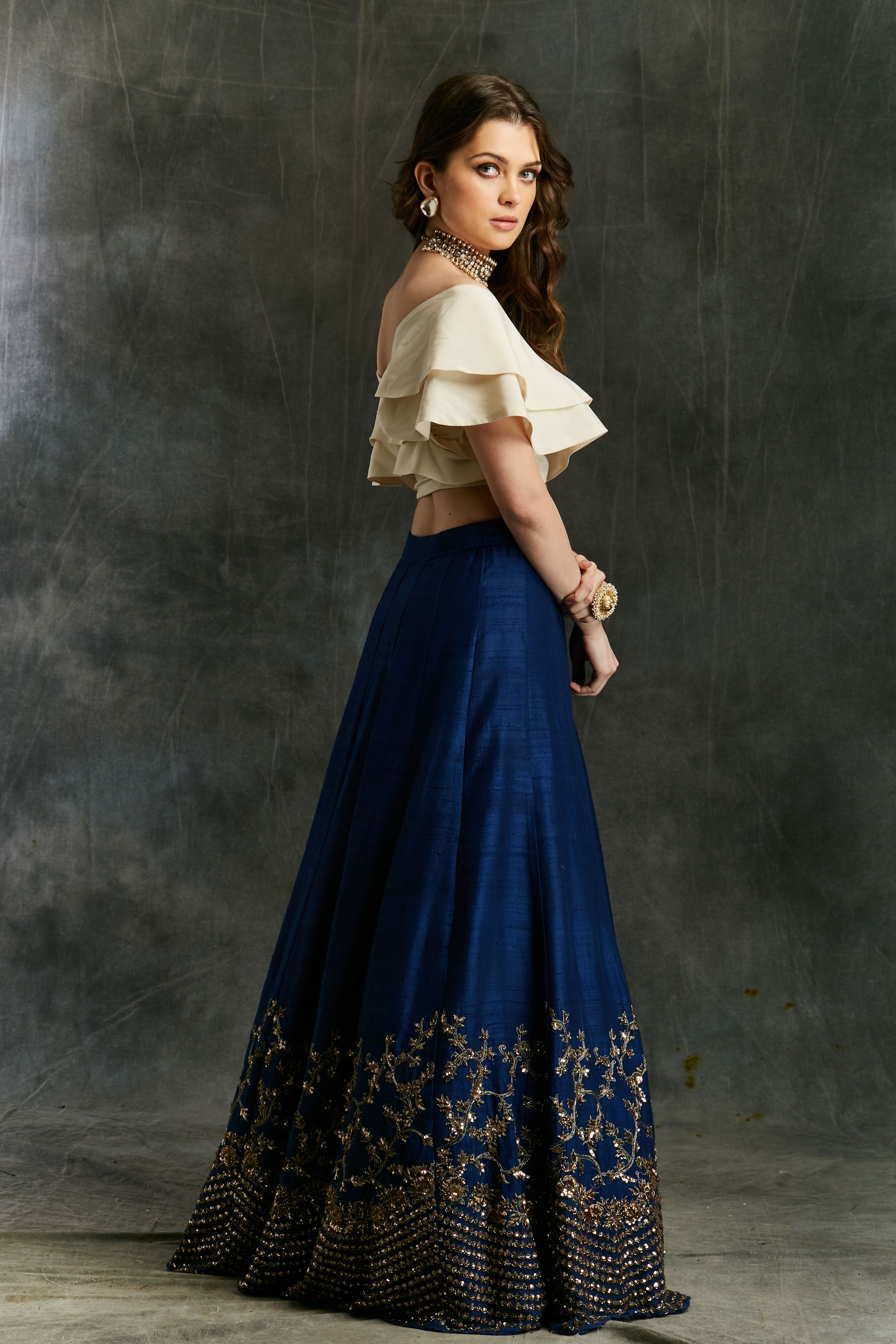 Blue Border Lehenga With Off Shoulder Wrap Crop Top
