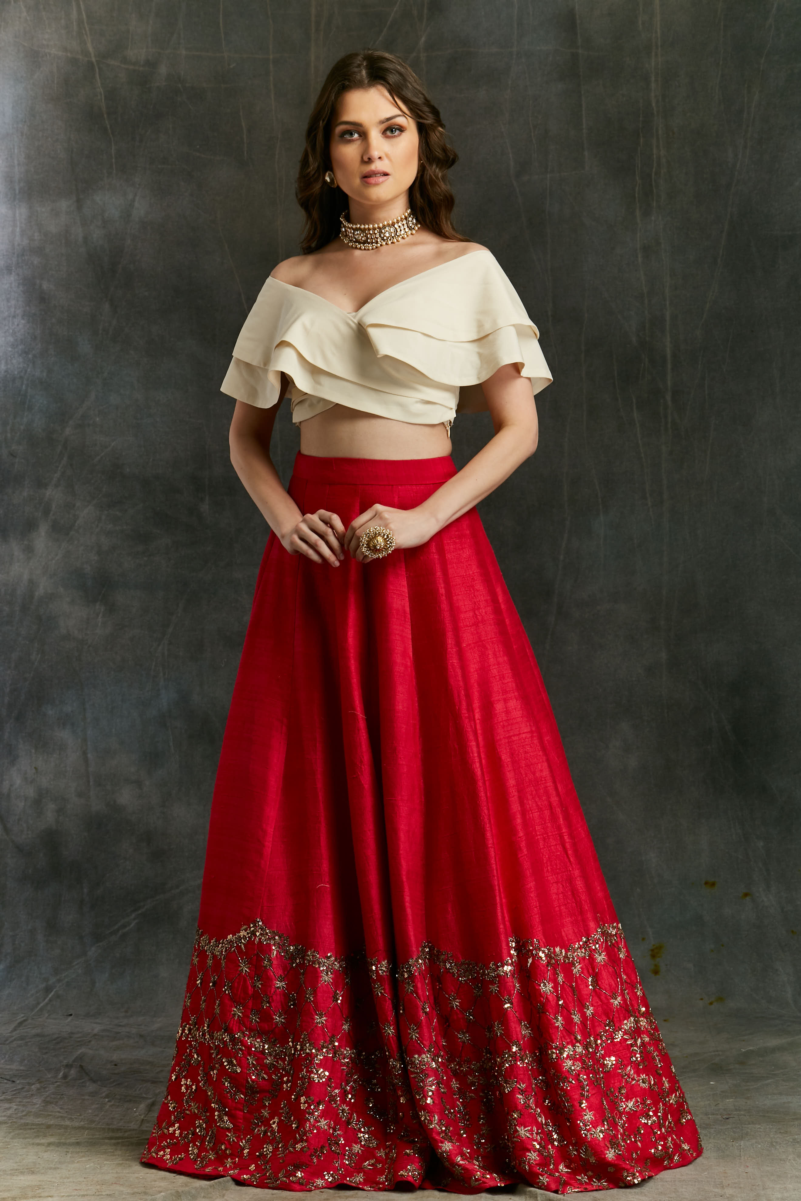 Red Border Lehenga With Off Shoulder Crop Top