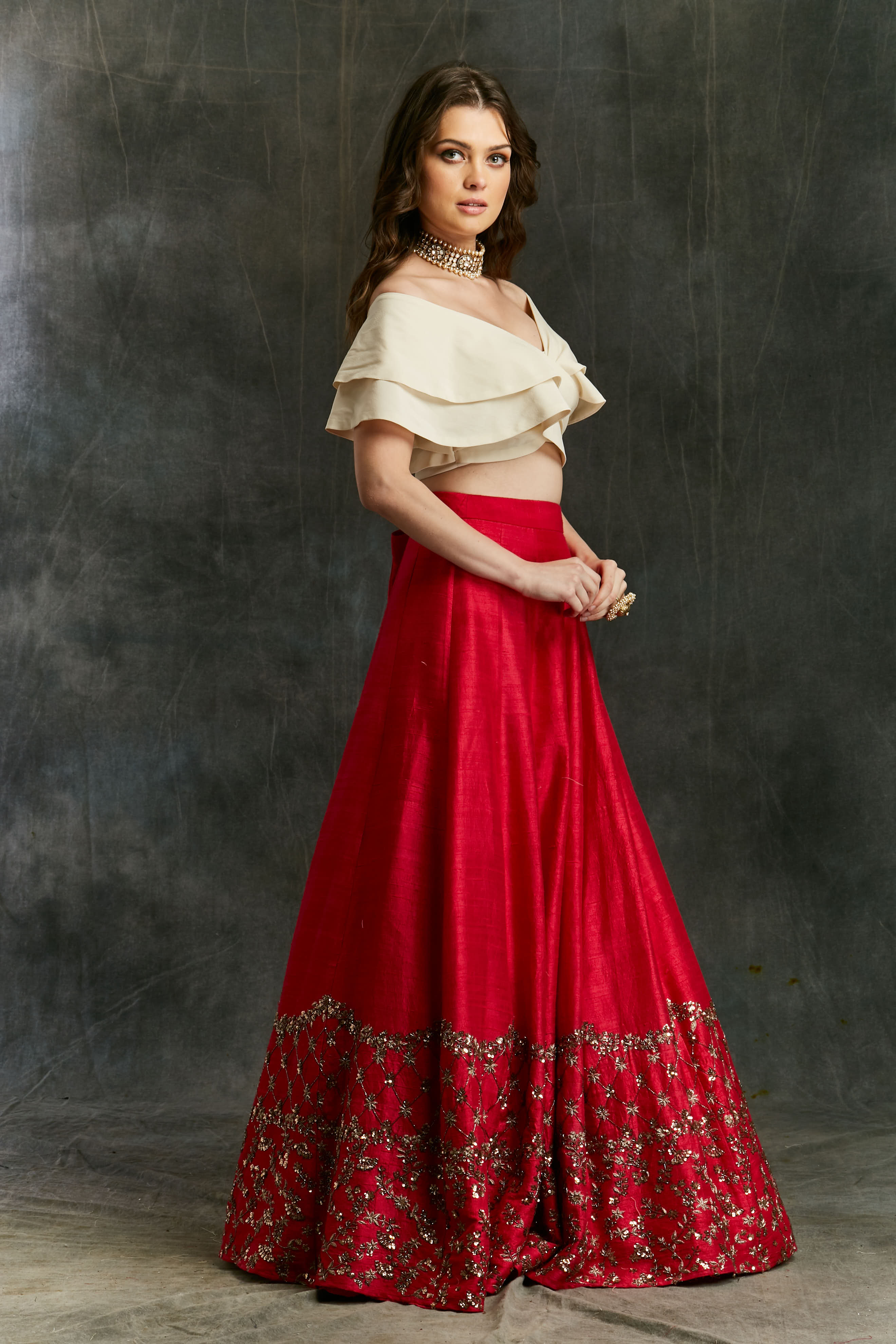 Red Border Lehenga With Off Shoulder Crop Top