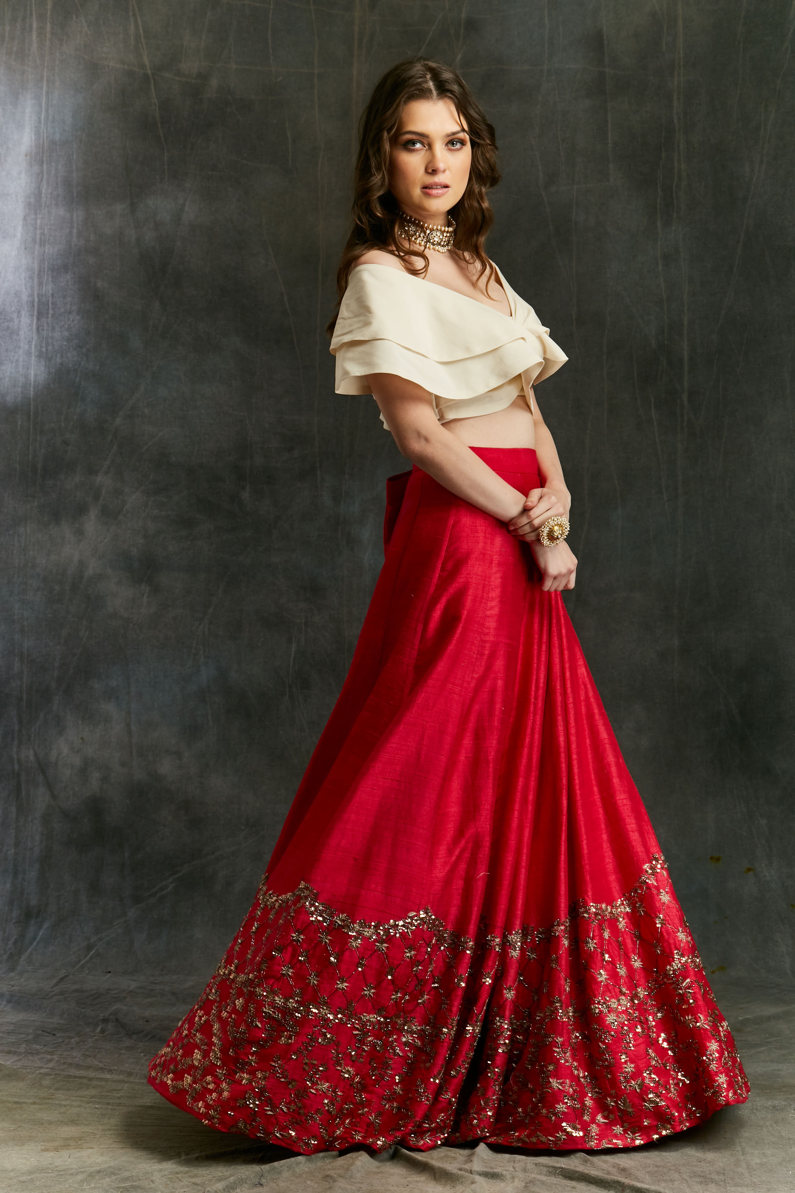 Red Border Lehenga With Off Shoulder Crop Top