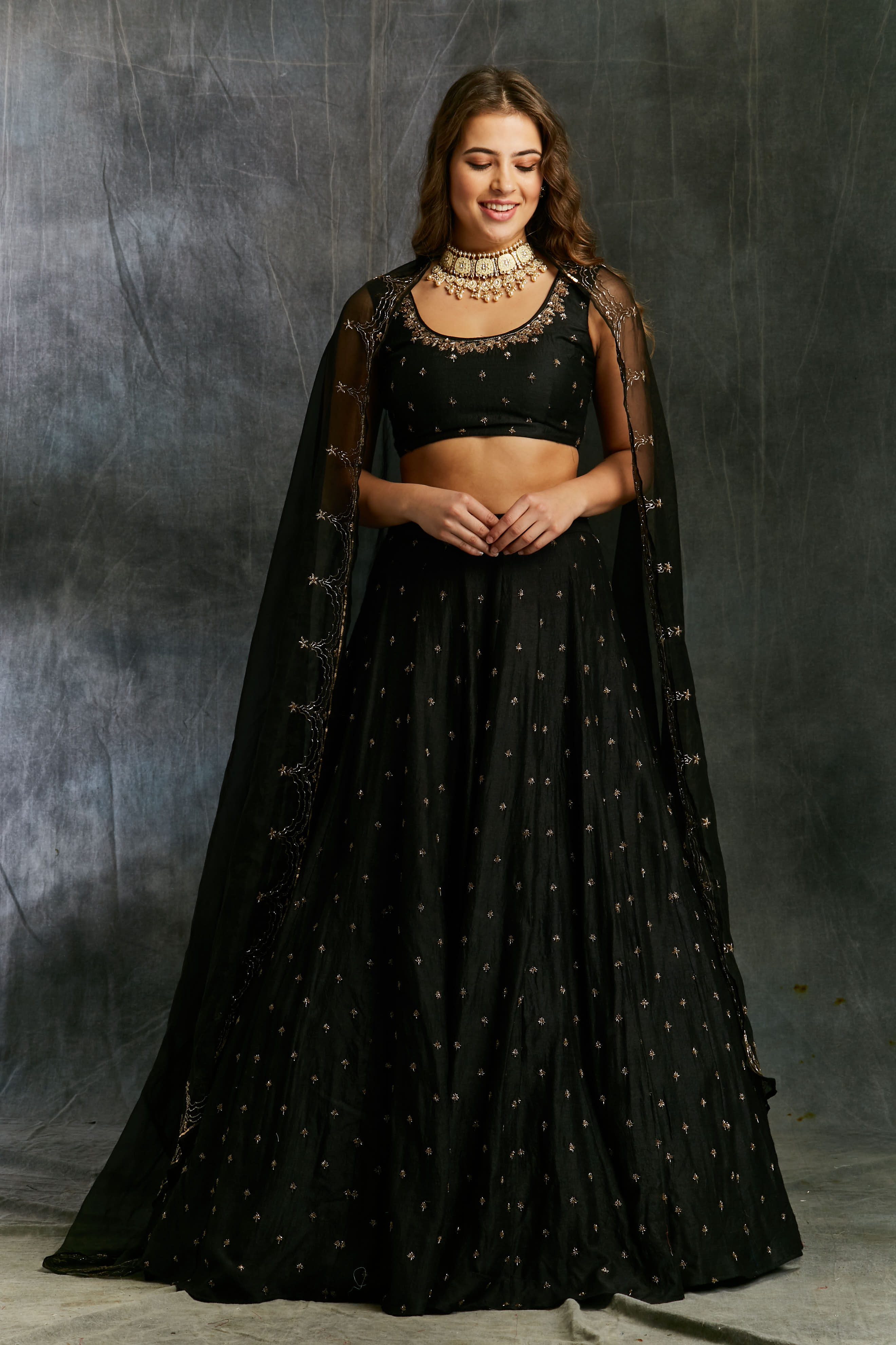 Black Silk Lehenga With Antique Work