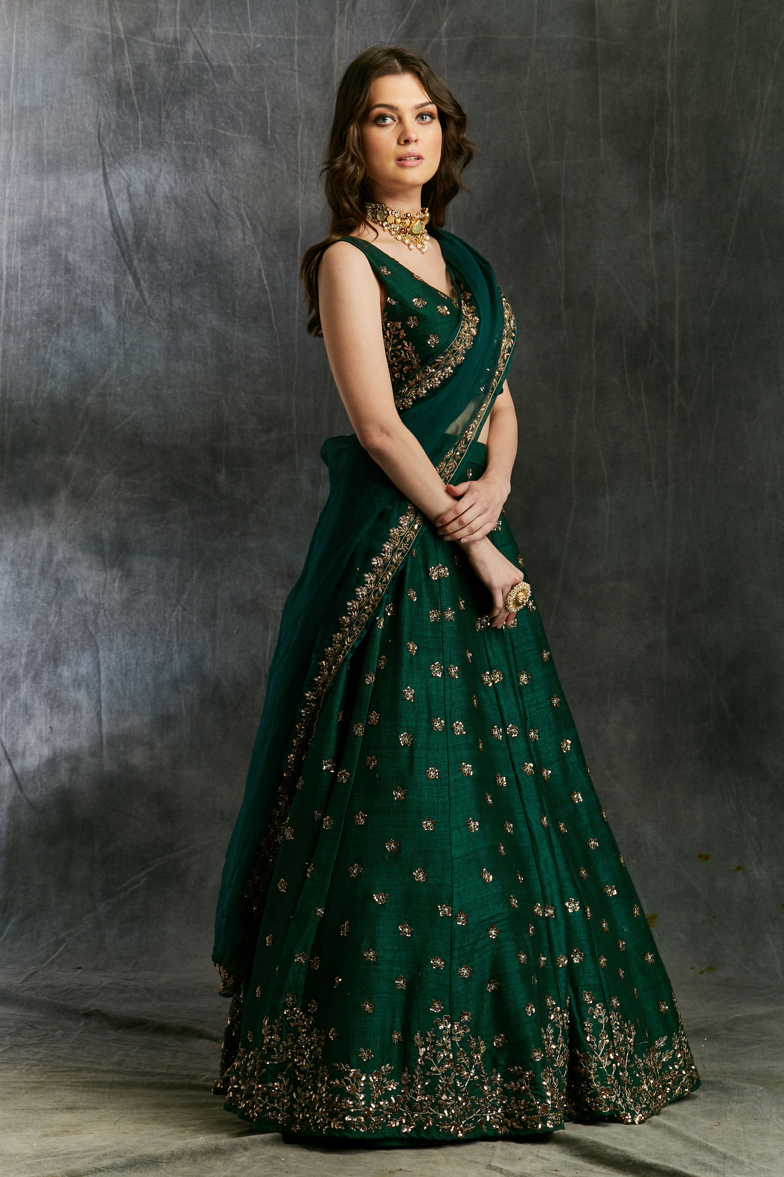 Green Emerald Lehenga With Organza Dupatta