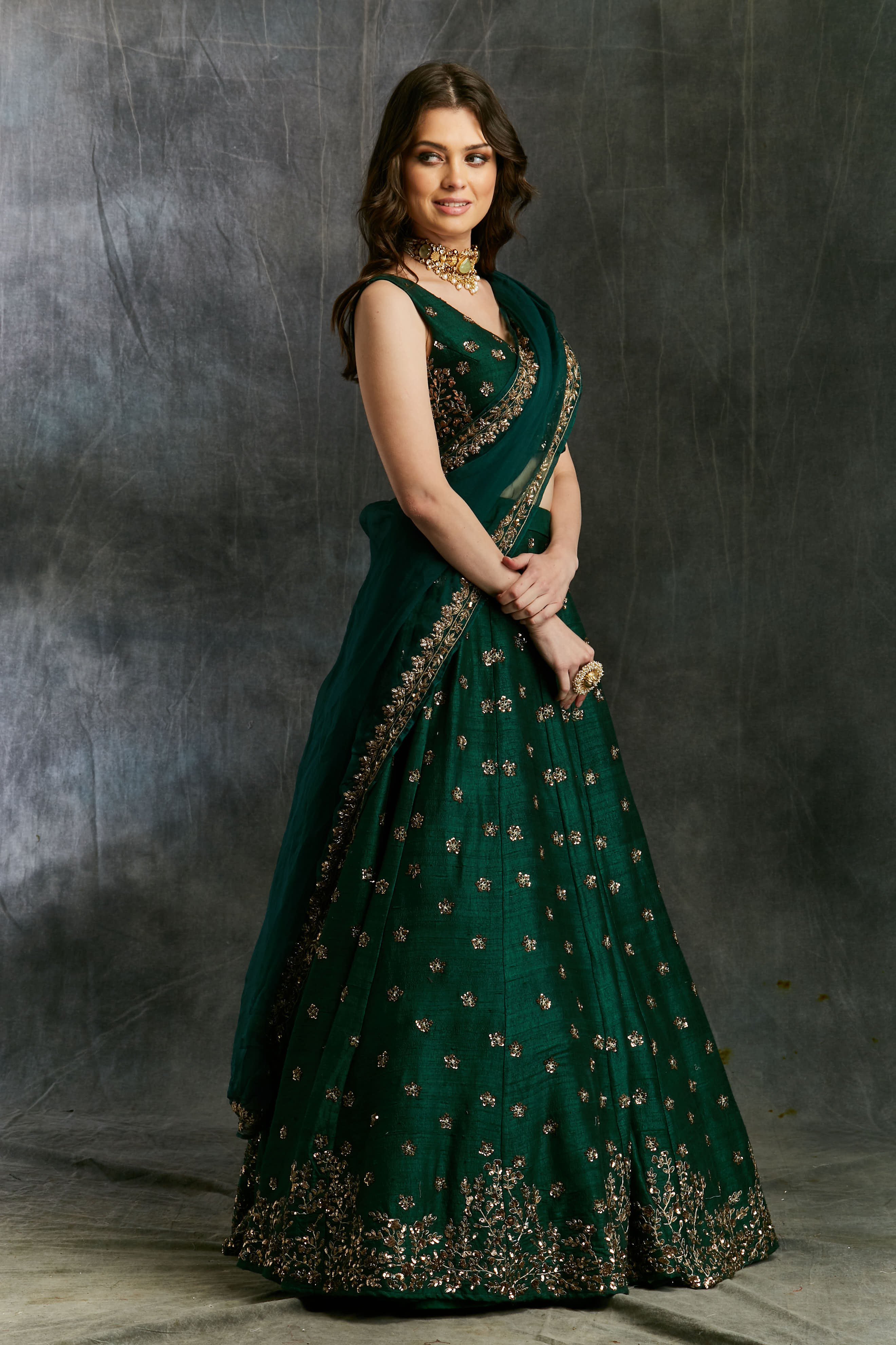 Green Emerald Lehenga With Organza Dupatta