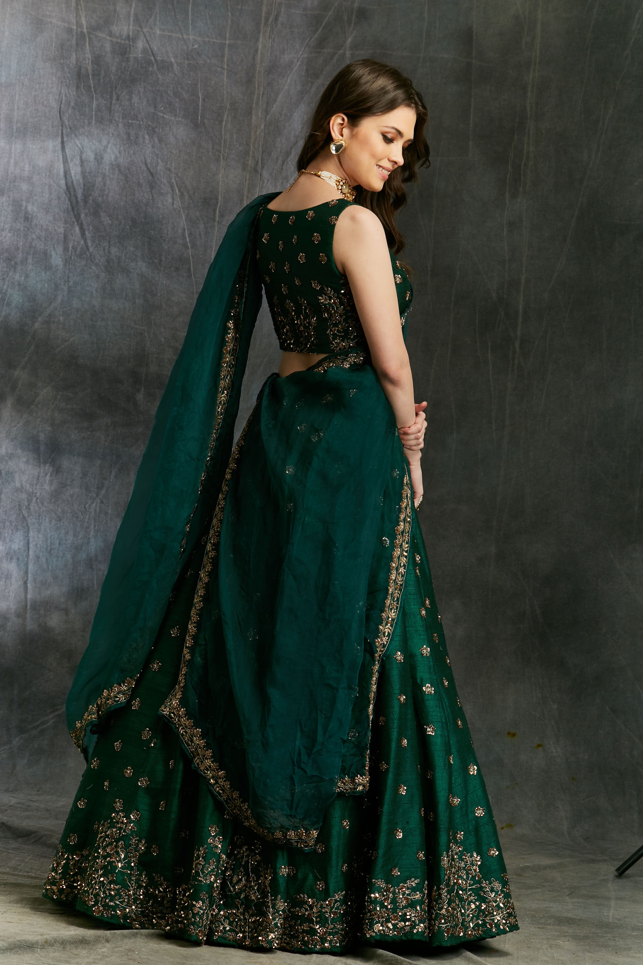 Green Emerald Lehenga With Organza Dupatta