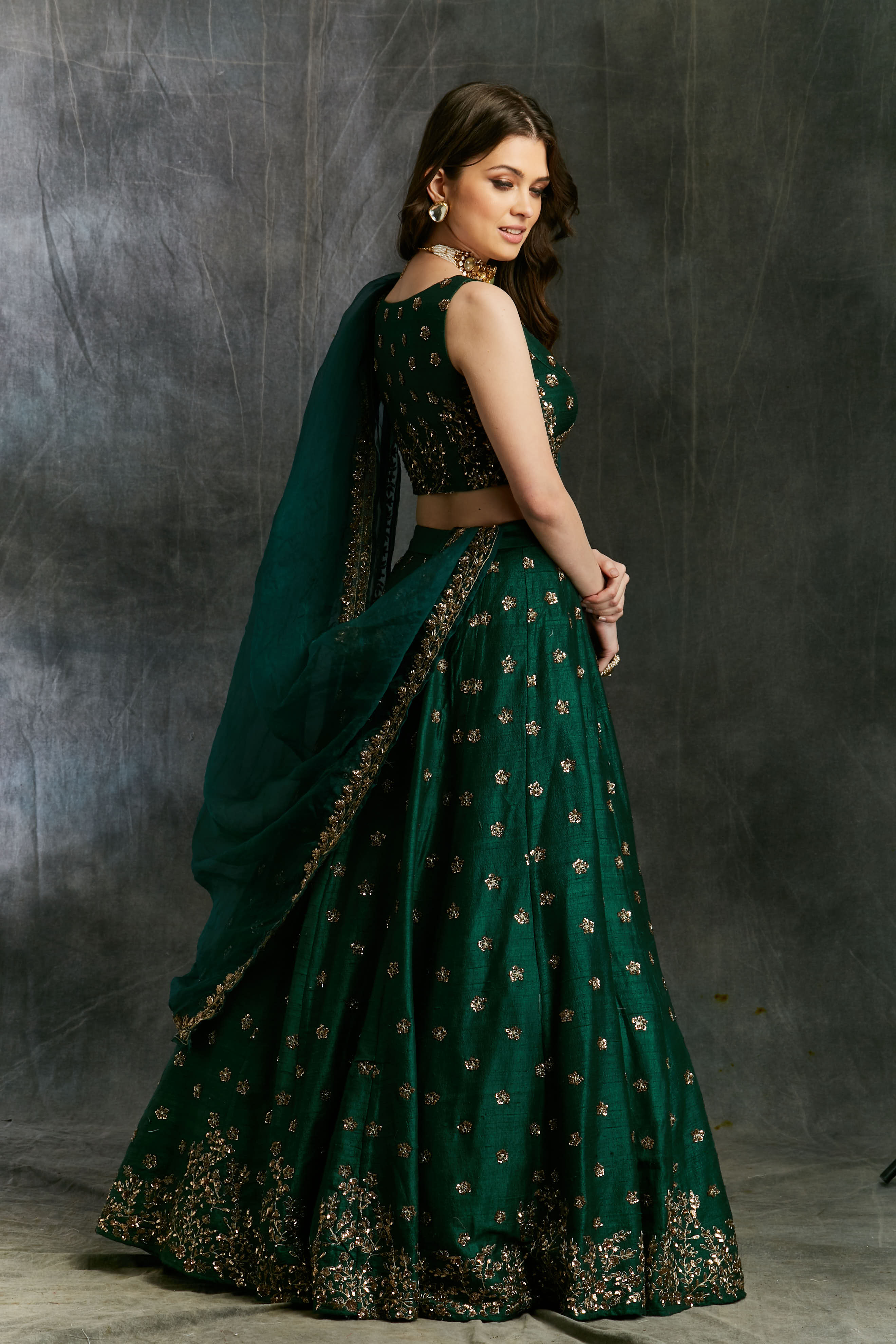 Green Emerald Lehenga With Organza Dupatta