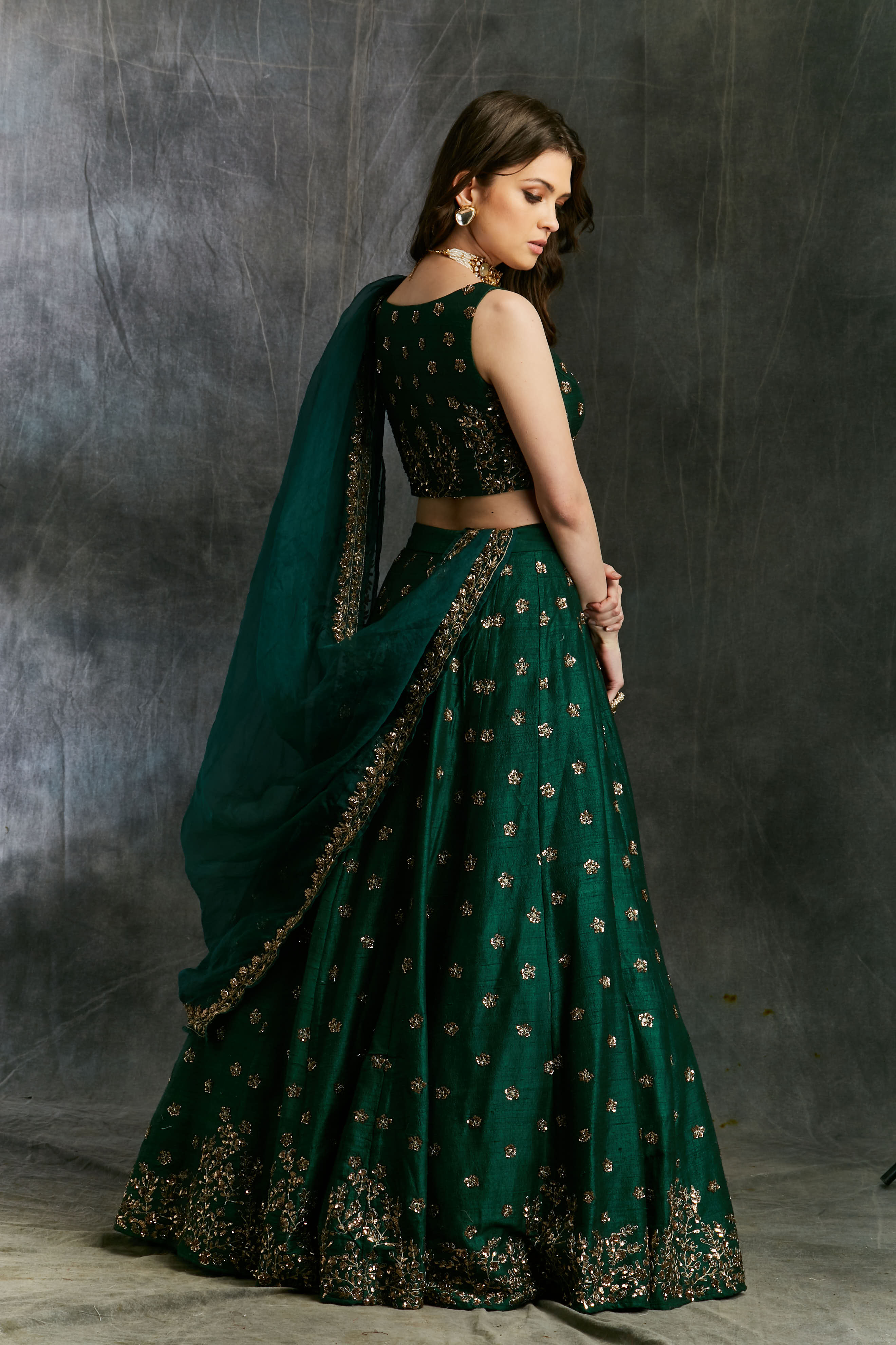 Green Emerald Lehenga With Organza Dupatta