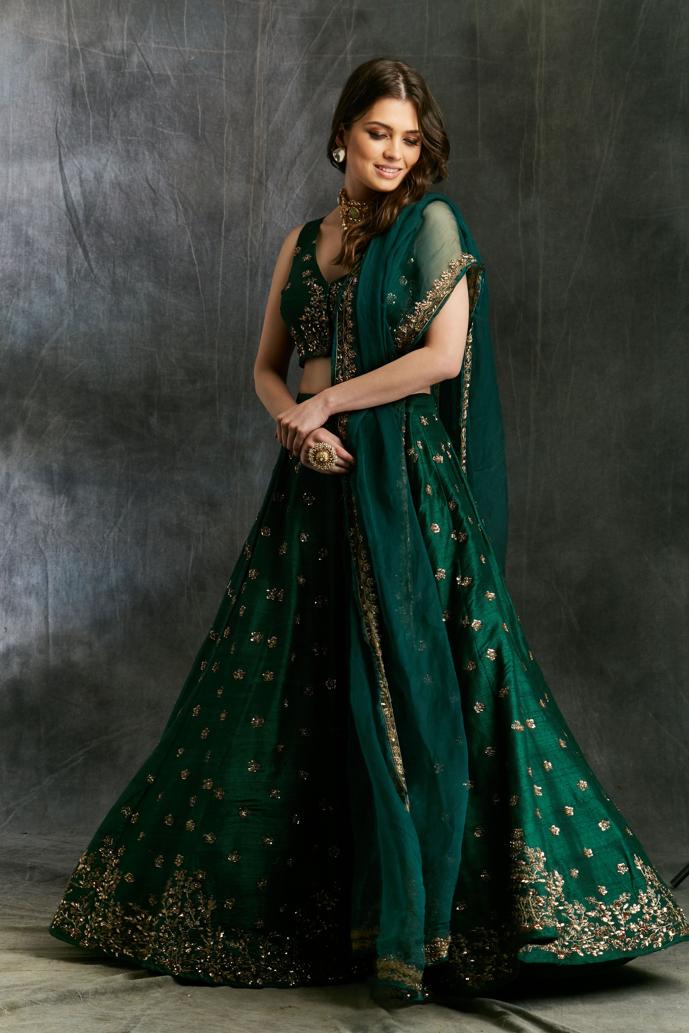 Green Emerald Lehenga With Organza Dupatta