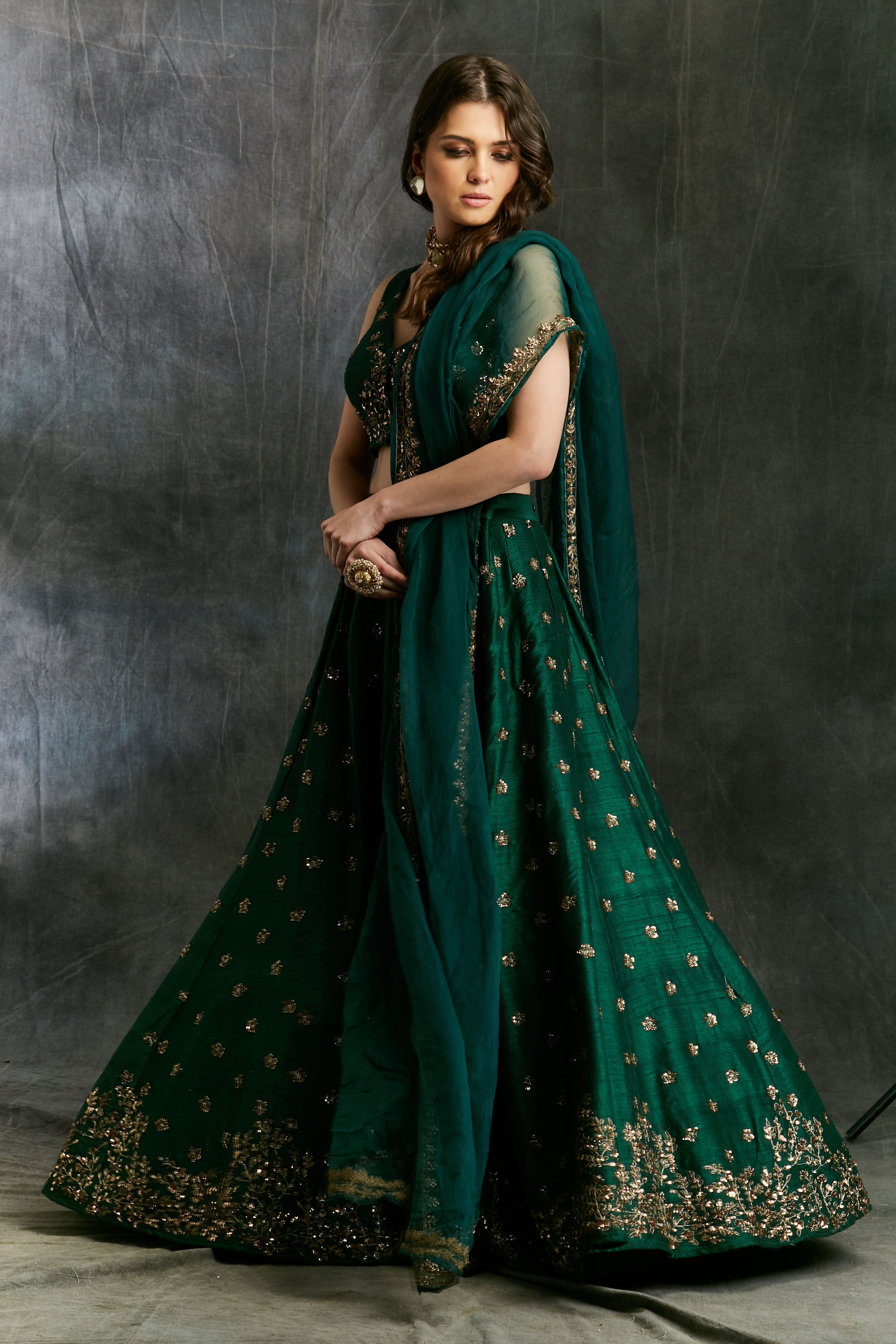 Green Emerald Lehenga With Organza Dupatta