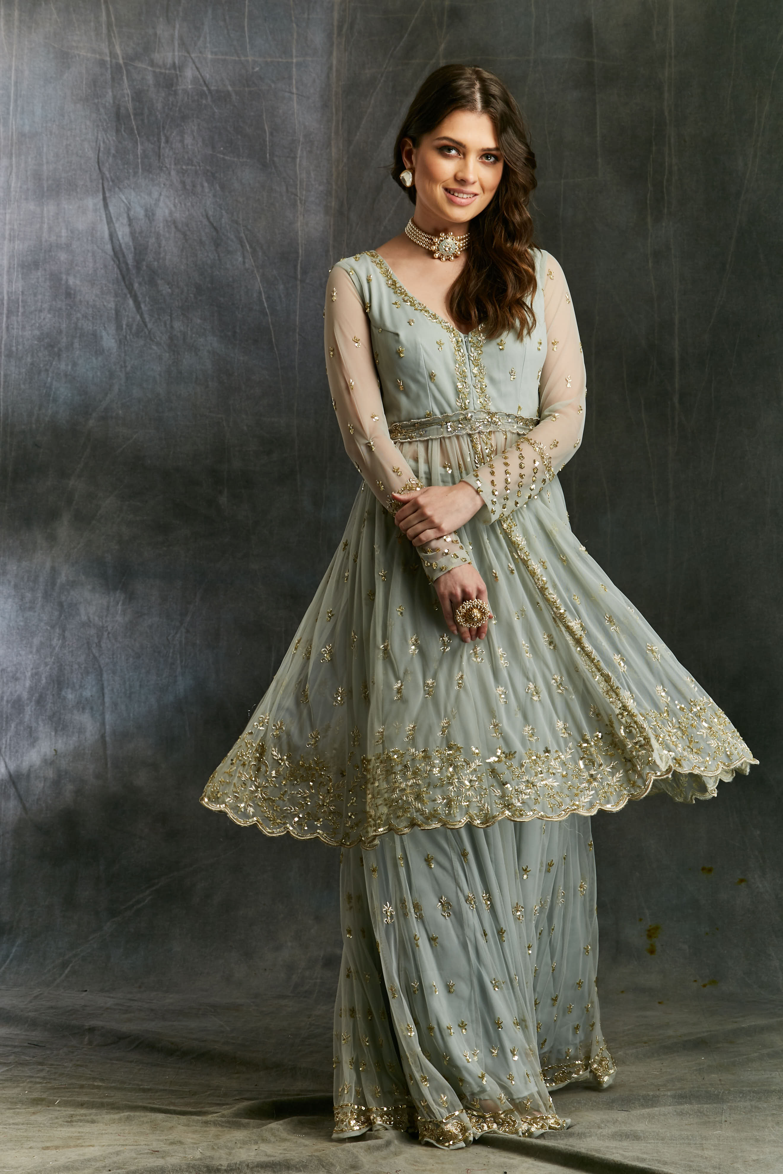Sky Blue Flare Jacket With Sharara