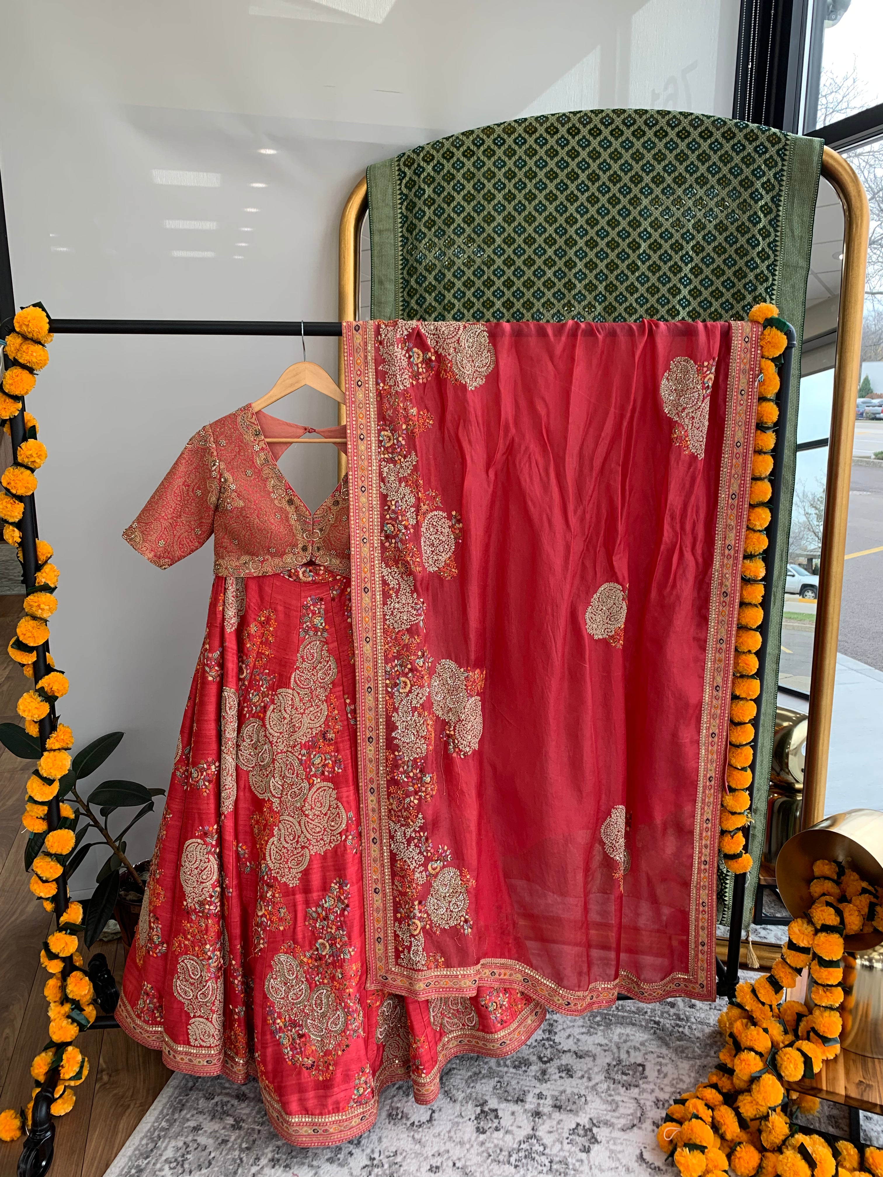Red Dupion Embroidered Lehenga Set