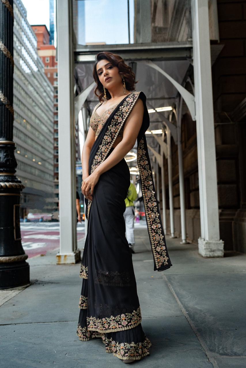 Black multithread hand embroidered sari set