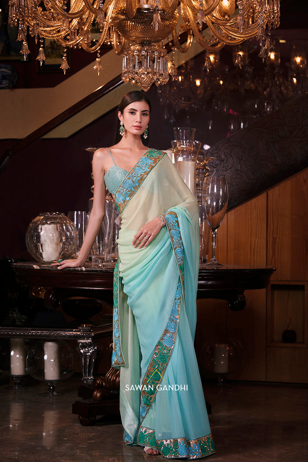 Turq to mint saree with parsi border