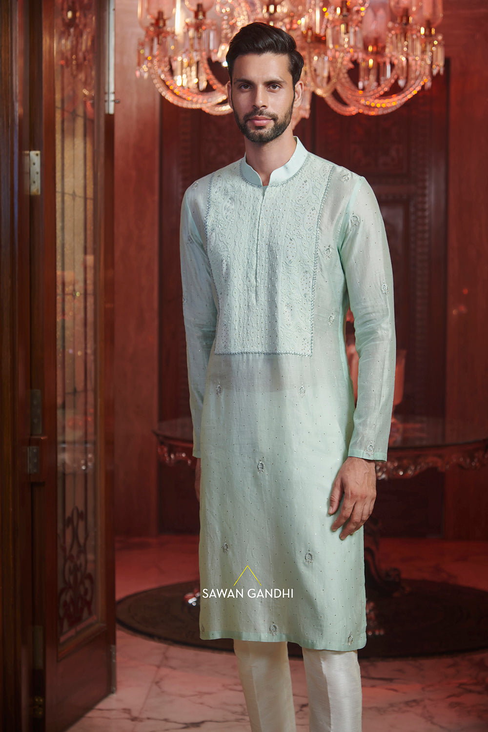 Pistachio green kurta with chikankari yoke