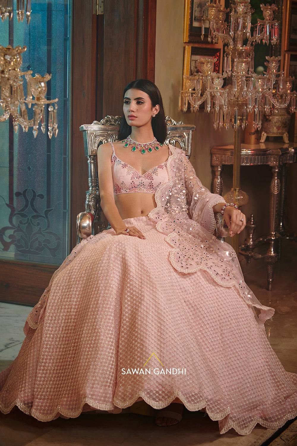 Blush pink checkered lehenga