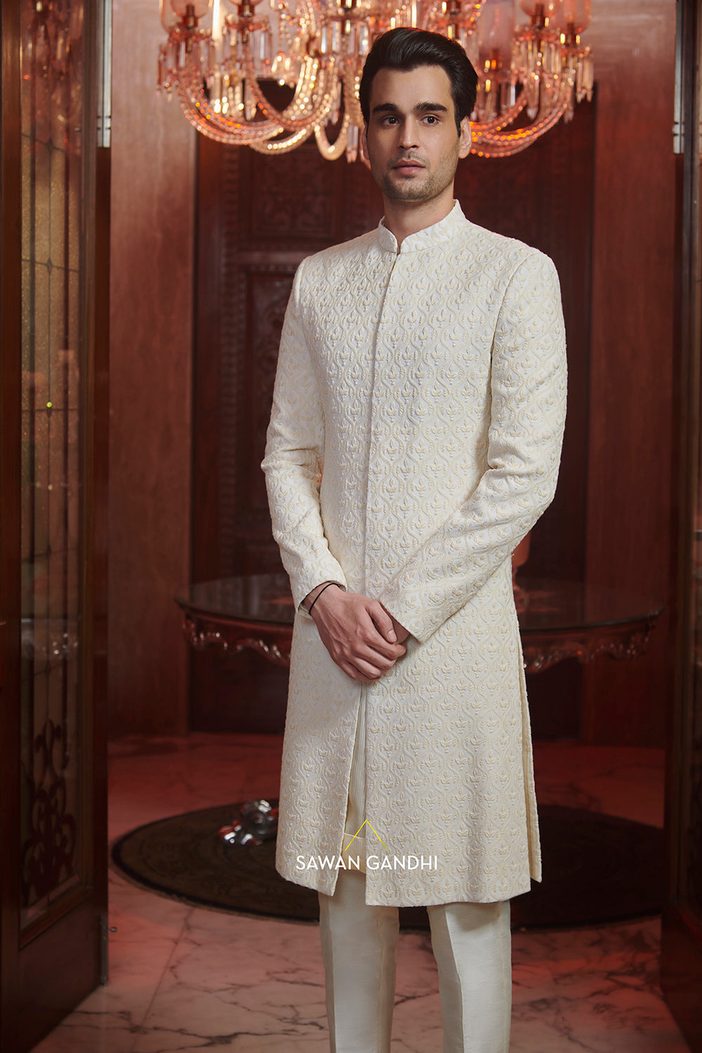 Ivory chikankari sherwani